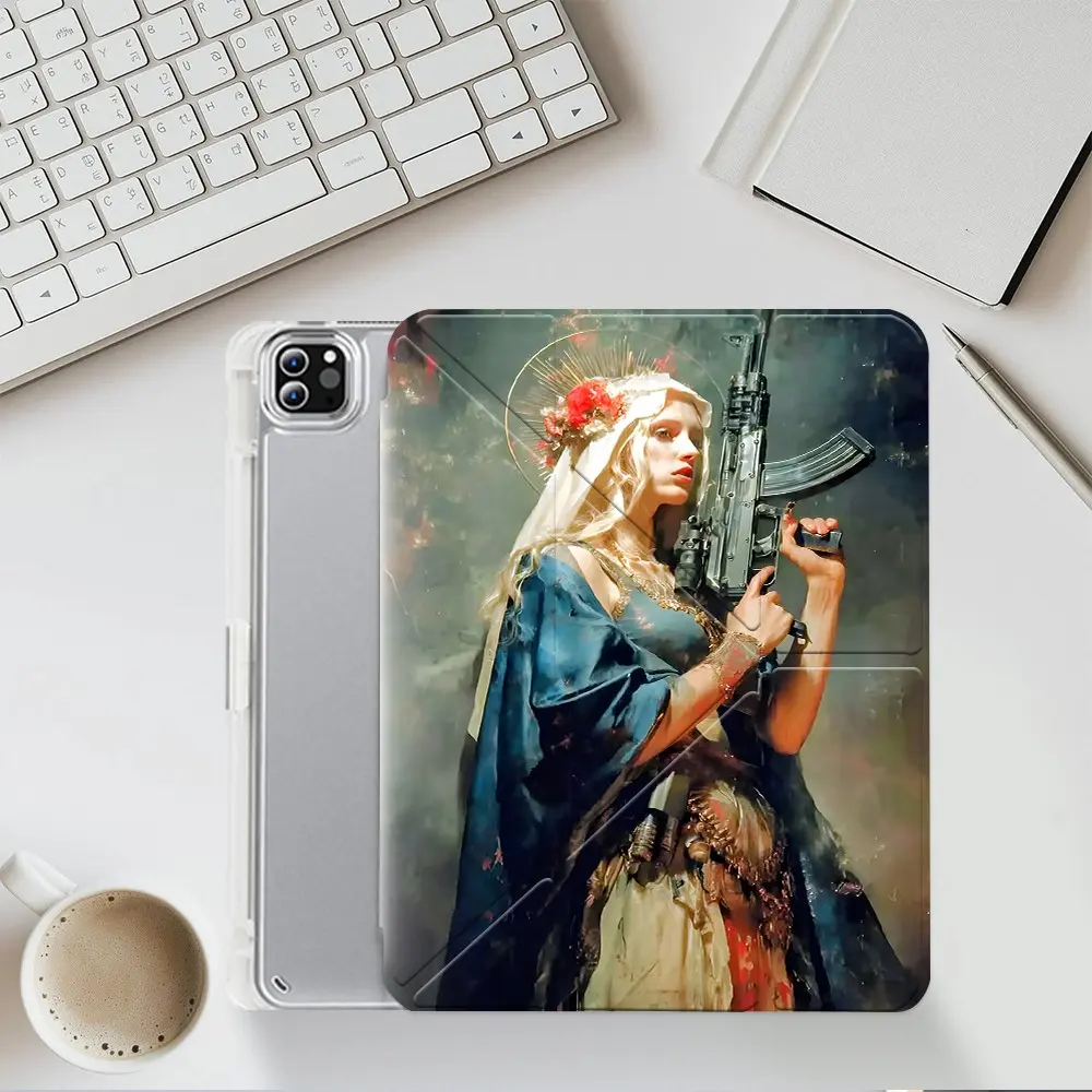 Retro Oil Painting Dark Fantasy Female iPad Case,Transparent Acrylic Y-Fold Stand with Shockproof Back,Pencil Slot & Charger Port,Fits iPad 7.9/8.3/10.2/10.5/10.9/11/12.9 13 inch,Shock-resistant Full Cover Protective Case Suitable for Home,School& Office