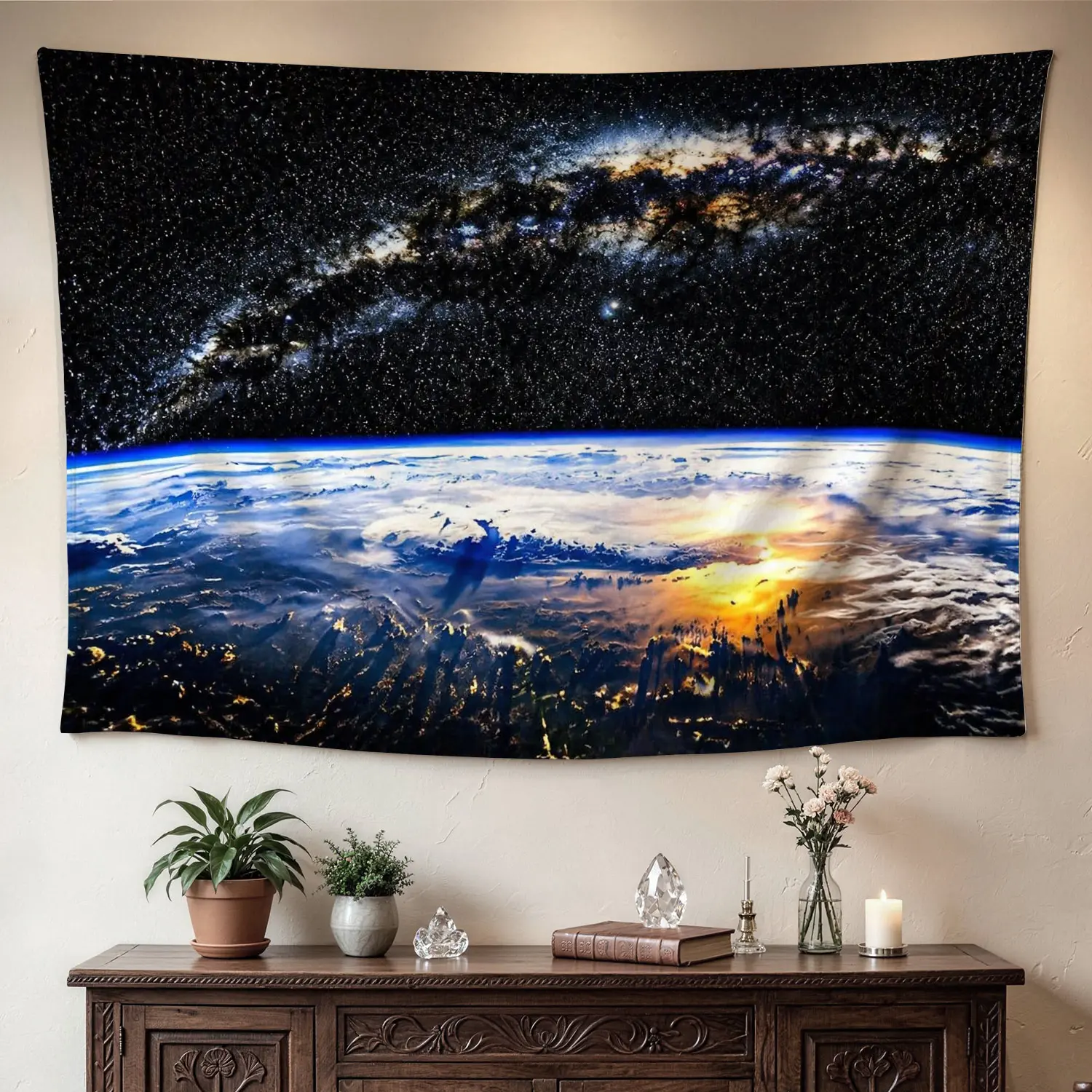 Galaxy Milky Way Planet Earth Space View Polyester Wall Tapestry - Large Horizontal Printed Hanging, No-Installation Whimsical Wall Decor, Machine Washable Decor Accessories, Holiday Room Decorations for Living Room, Decorating My Apartment Gift