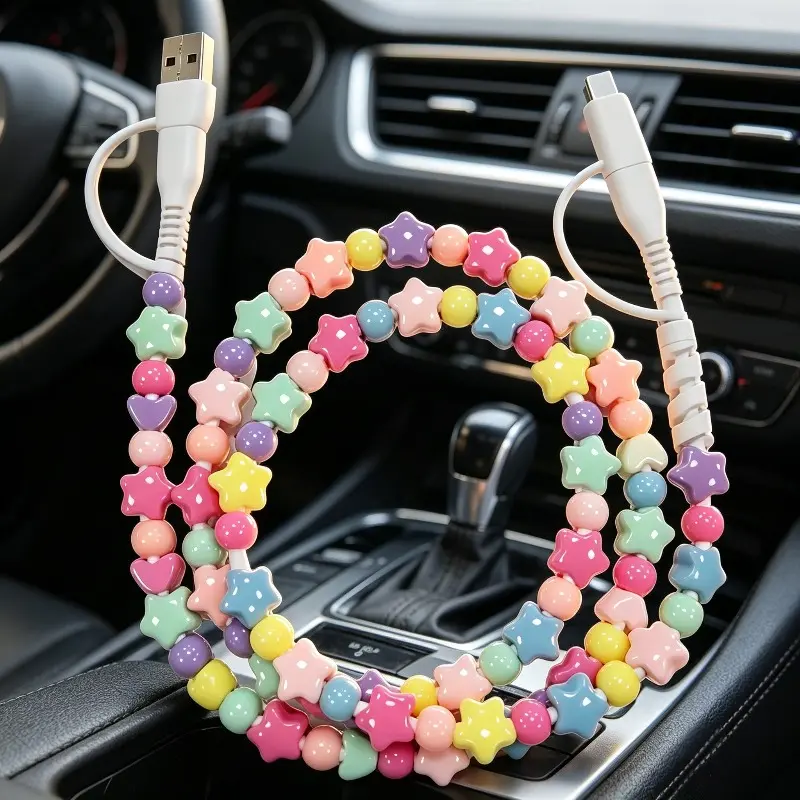 ABS Colored Dopamine Pearl Beads & Star Charm Data Cable 2-to-2 PD Fast Charging Dual-purpose Type-C to IP Dual USB Charging 4 in 1Multi USB Data Cable Practical Car Data Cable Stylish Auto Ornament Gift