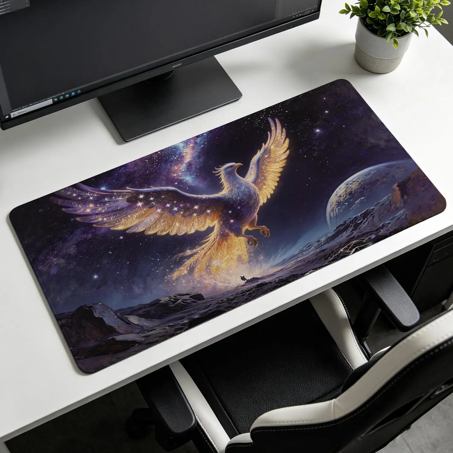 Galaxy Theme Golden Phoenix Stars Mouse Pad - Extra Large, Rubber Base, High-Detail Art, Non-Slip, Washable Mat, Lock Edge, Multi-Size Pad, Precision Control, Premium Multipurpose Desk Mat for Gaming, Office, Loved Ones Gift