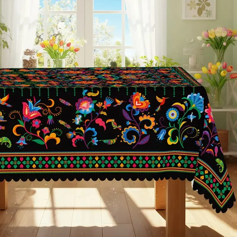 2D Flat Party Tablecloth, Mexican Ethnic Theme Rectangular Tablecloth, Floral Bird Scroll Geometric Edge, Indoor Outdoor Use, No Power Needed