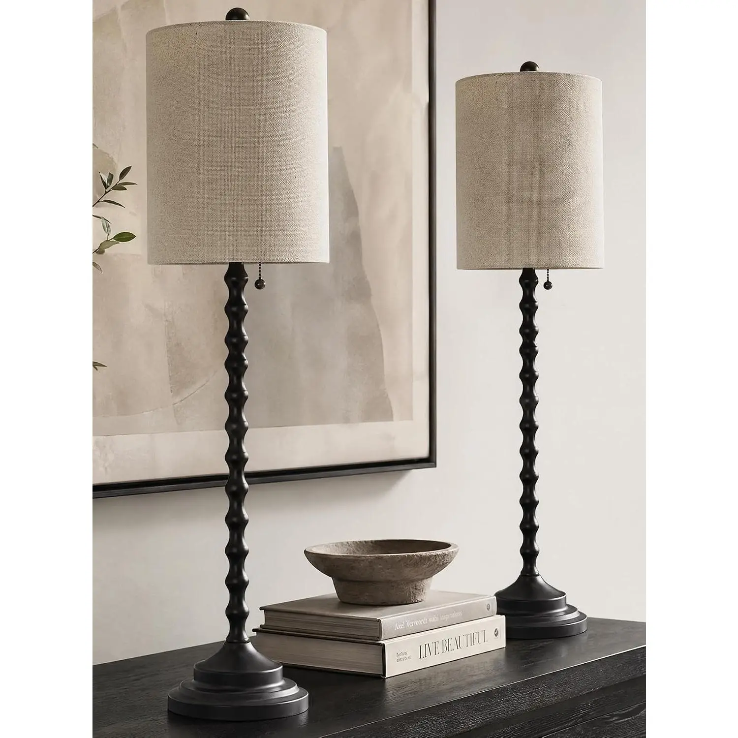 Buffet Lamps Set of 2, 30" Tall Black Table Lamps for Console Table, Entryway, Hallway, Dining Sideboard & Living Room, Candlestick Lamps with Linen Shade, Pull Chain, E26 Base, 6FT Cord