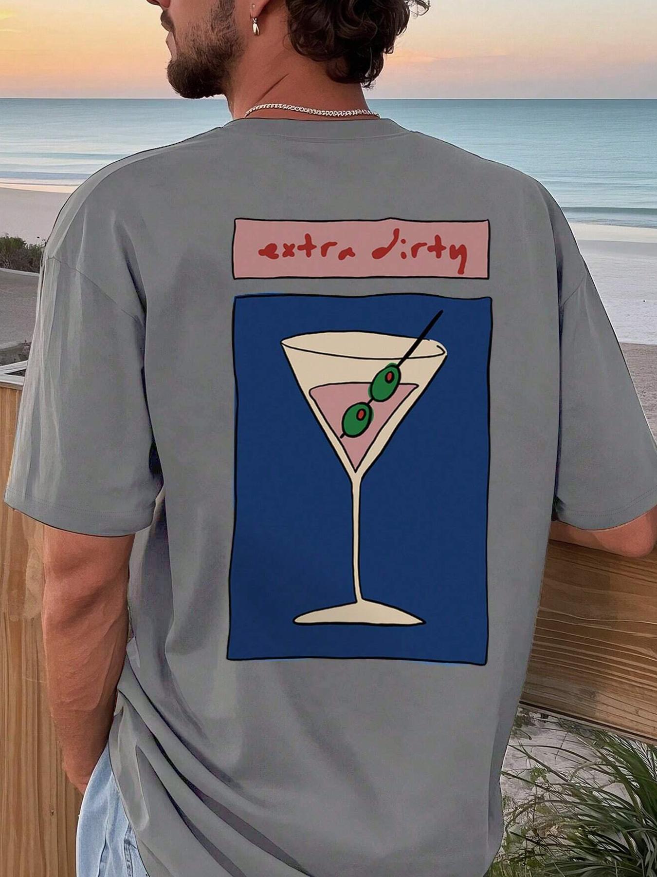 Men's Regular Fit Martini Cocktail Print Round Neck Tee, Casual Short Sleeve T-shirt for Summer, Men's Top for Daily Wear, Tropical, Casual Stylish Tee