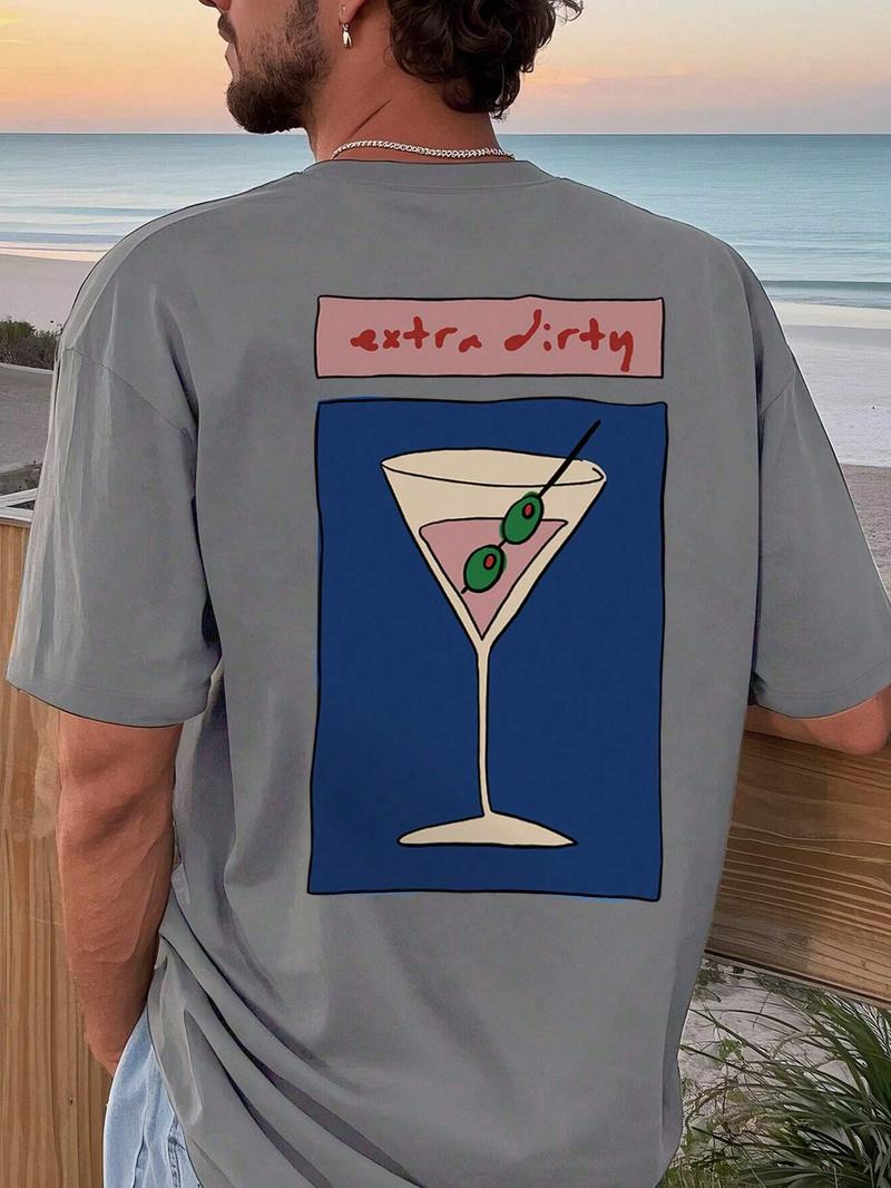 Men's Regular Fit Martini Cocktail Print Round Neck Tee, Casual Short Sleeve T-shirt for Summer, Men's Top for Daily Wear, Tropical, Casual Stylish Tee