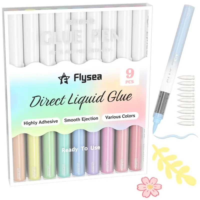 9 PCS Liquid Glue Pens with Chisel Tips, Quick Drying Colored Craft Adhesive Pens for Scrapbooks, Greeting Cards, Journals, Paper Crafts and Handmade Projects