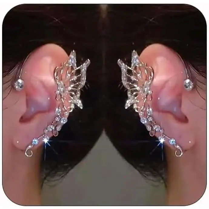 2Pcs Butterfly Ear Cuffs Earrings for Women Rhinestone Non Piercing Ear Cuff Clip On Earrings Silver Butterfly Ear Wrap Climber Jewelry for Prom Party Wedding