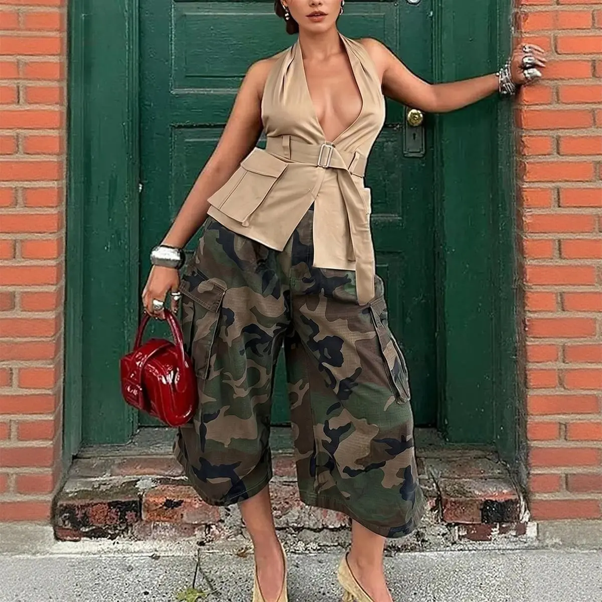 Women's Vintage Camouflage Print 100% Cotton Lightweight Oversized Wide-Leg Cargo Bottoms - Elastic Waist Cropped Culottes with Side Pockets, Loose Everyday Streetwear Trousers (Size Down for Slim Fit), Pants, Casual, Comfortable, Fashion, Party, Women's,
