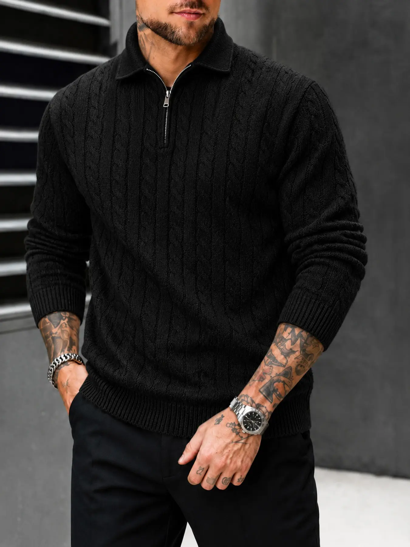 Men's Cable Knit Polo Jumper, Lapel Collar Half Zip Placket, Thick Soft Warm Fabric, Casual Fall Winter Wear, Smart Office Commute