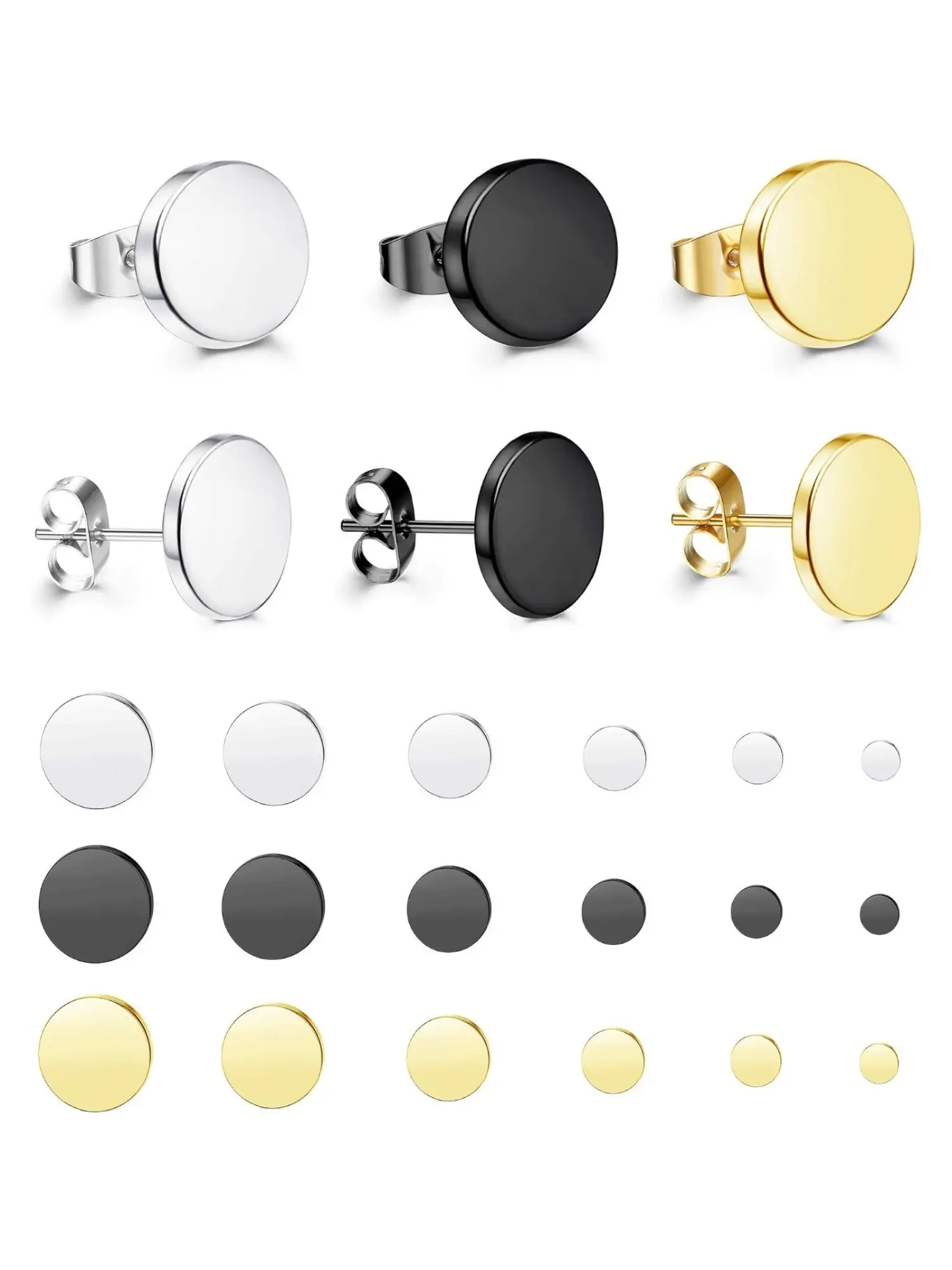 18 Pcs Stainless Steel Flat Disc Barbell Stud Earrings Multi-Size Double Sided Minimalist Piercing Jewelry for Men Women Sensitive Earlobe Stacking Classic Double-sided Flat Disc Barbell Structure Unified Minimalist Solid Round Style