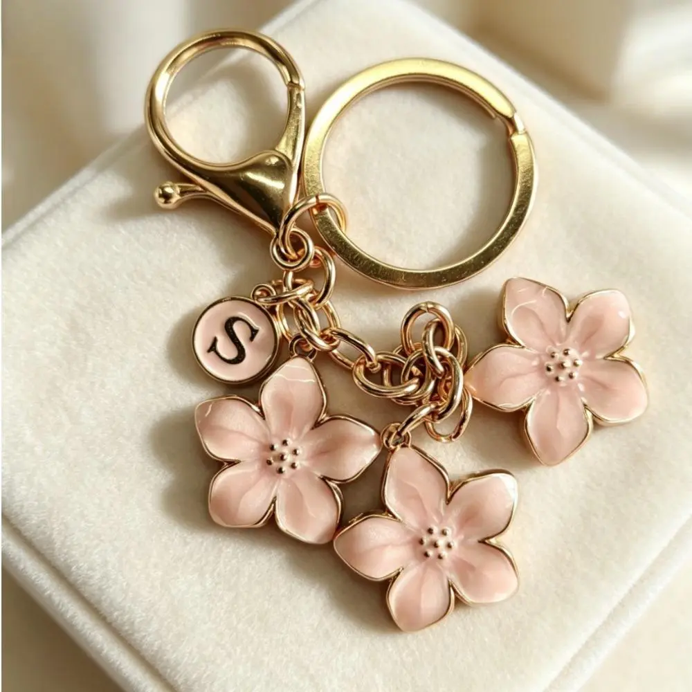 Kawaii Girly Cherry Blossom Layered Enamel Metal Key Charm - Personalized Initials Alphabet Keychain, Lightweight Clip, Floral Spring Bag Accessory for Purse/Backpack, Birthday Gift Ideas, Graduation Present (Bag Charms & Twillies)