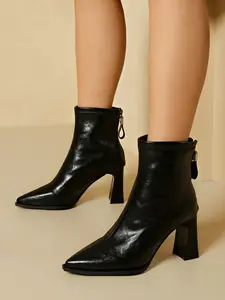 2026 New European and American Style Bright Leather Pointed Toe Heeled Short Boots, Fall Winter Back Zip Elastic Slimming Ankle Boots