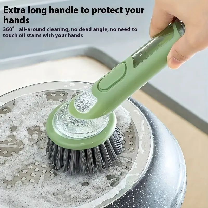 Ergonomic Dish Brush with Soap Dispenser, Extended Handle, Replaceable Head, Easy Cleaning for Pots, Bowls, Sink, Essential Kitchen Tool