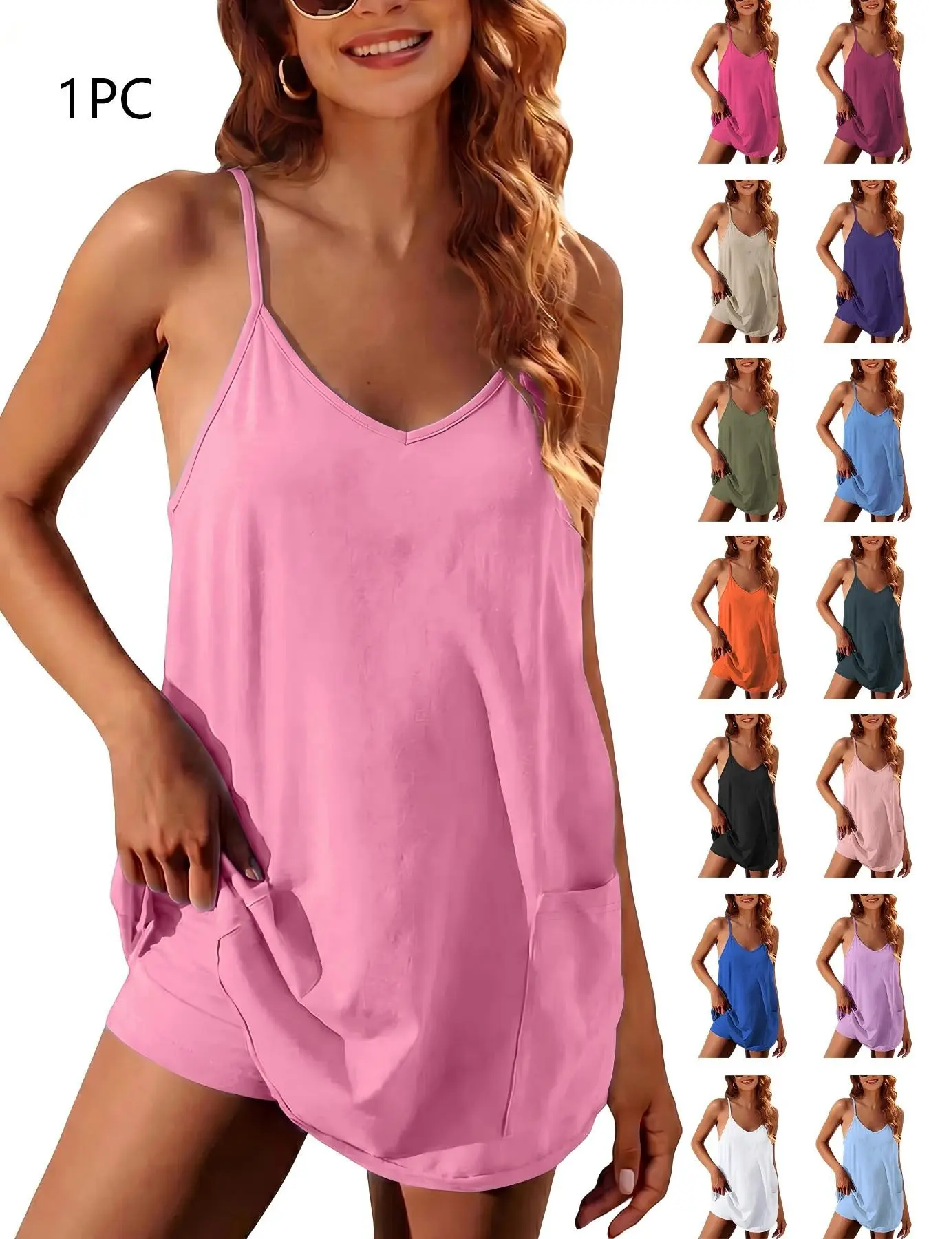 Women's Lightweight Chic Basic Spaghetti-Strap Sleeveless Tank Romper with Pockets, Loose-Fit U-Neck, 15 Colors and Multiple Sizes, for Casual Daily Wear & Beach Outings