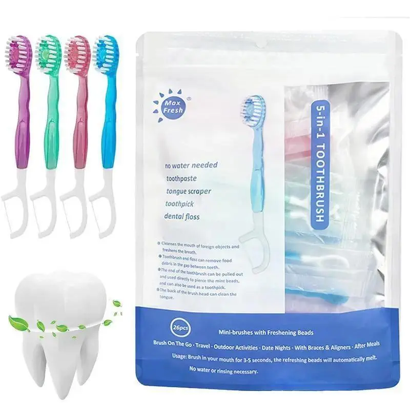 26pcs/Pack 5-in-1 Mini Disposable Teeth Cleaner Dental Kit - Home/Car Portable Oral Care Kit with Floss, Tongue Scraper, Toothpick, Toothpaste, Individually Wrapped for Travelers