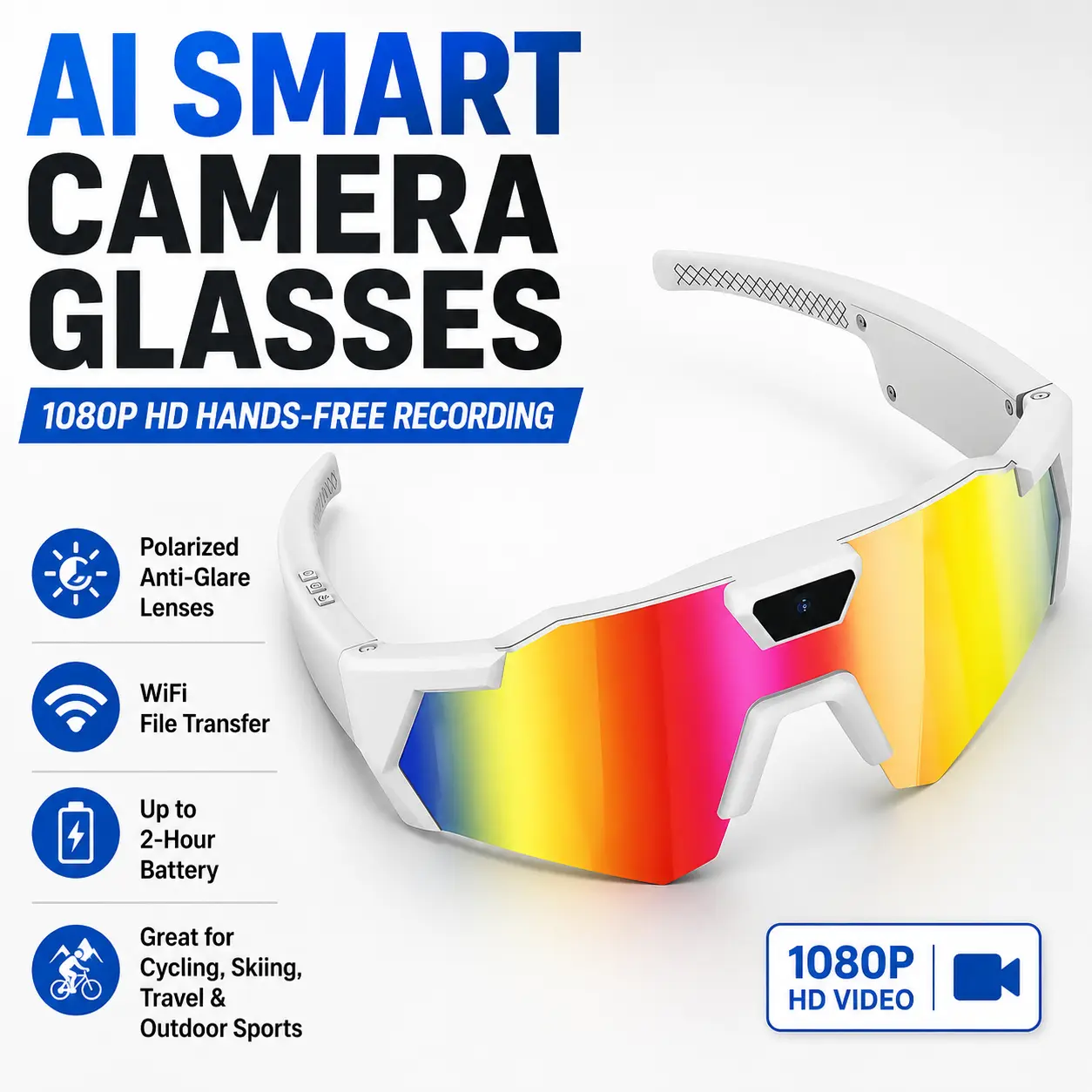 AI Smart Camera Glasses with 1080P HD Hands-Free Video Recording, Polarized Anti-Glare Lenses, WiFi File Transfer & Up to 2-Hour Battery Life for Cycling, Skiing, Travel, Vlogging & Outdoor Sports