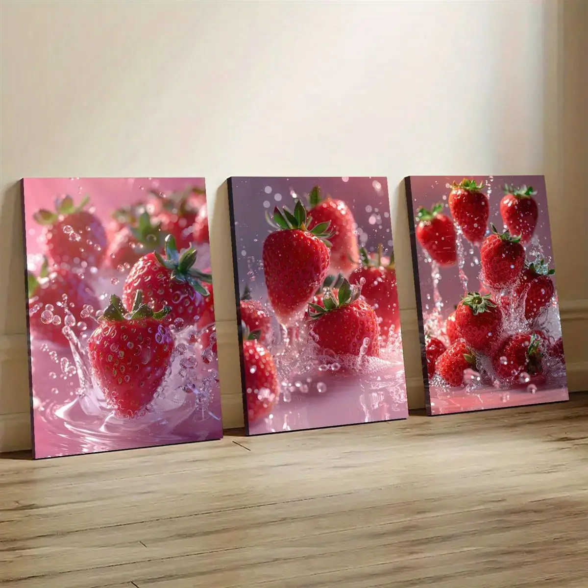 3-Piece Artistic Strawberry Print Wooden Framed Paintings, Multi-Size Kitchen Canvas Wall Decor, Unique Home Supplies for Bedroom & Dormitory Gifting