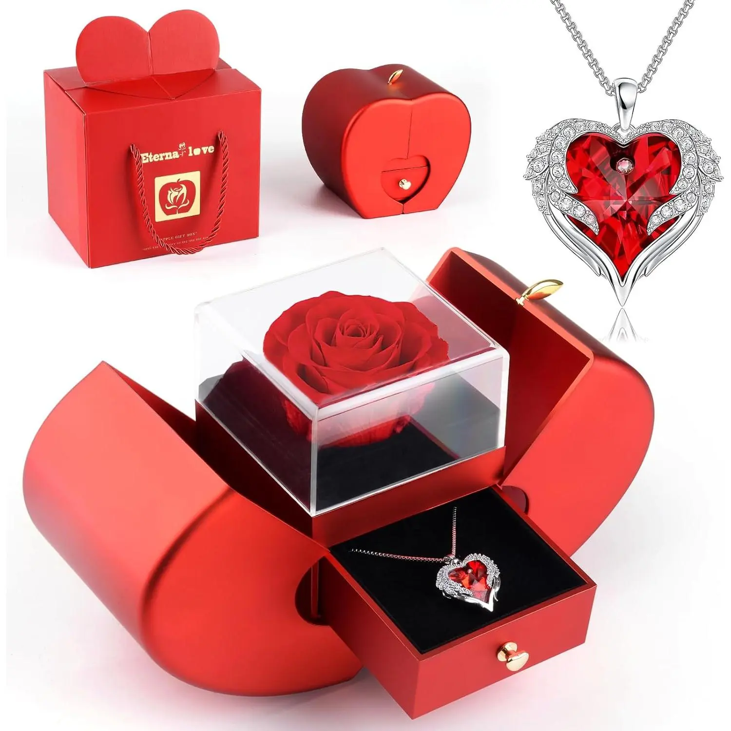 Preserved Real Rose,Eternal Flower Rose with Heart Necklace,Preserved Flowers Rose Gifts  Women,Girlfriend,Mom,Wife,Gifts Idea on Christmas,Valentine's Day,Mother's Day,Birthday,Anniversary