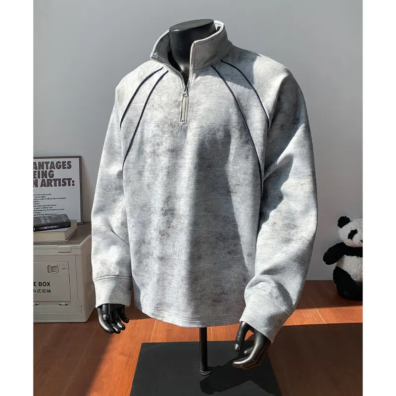 Men's Tie-Dye Quarter-Zip Sweatshirt, Vintage Style Polyester Pullover with Stand Collar and Deconstructed Seams for Casual Outdoor Wear, Machine Wash, Standard Size, Mock Neck