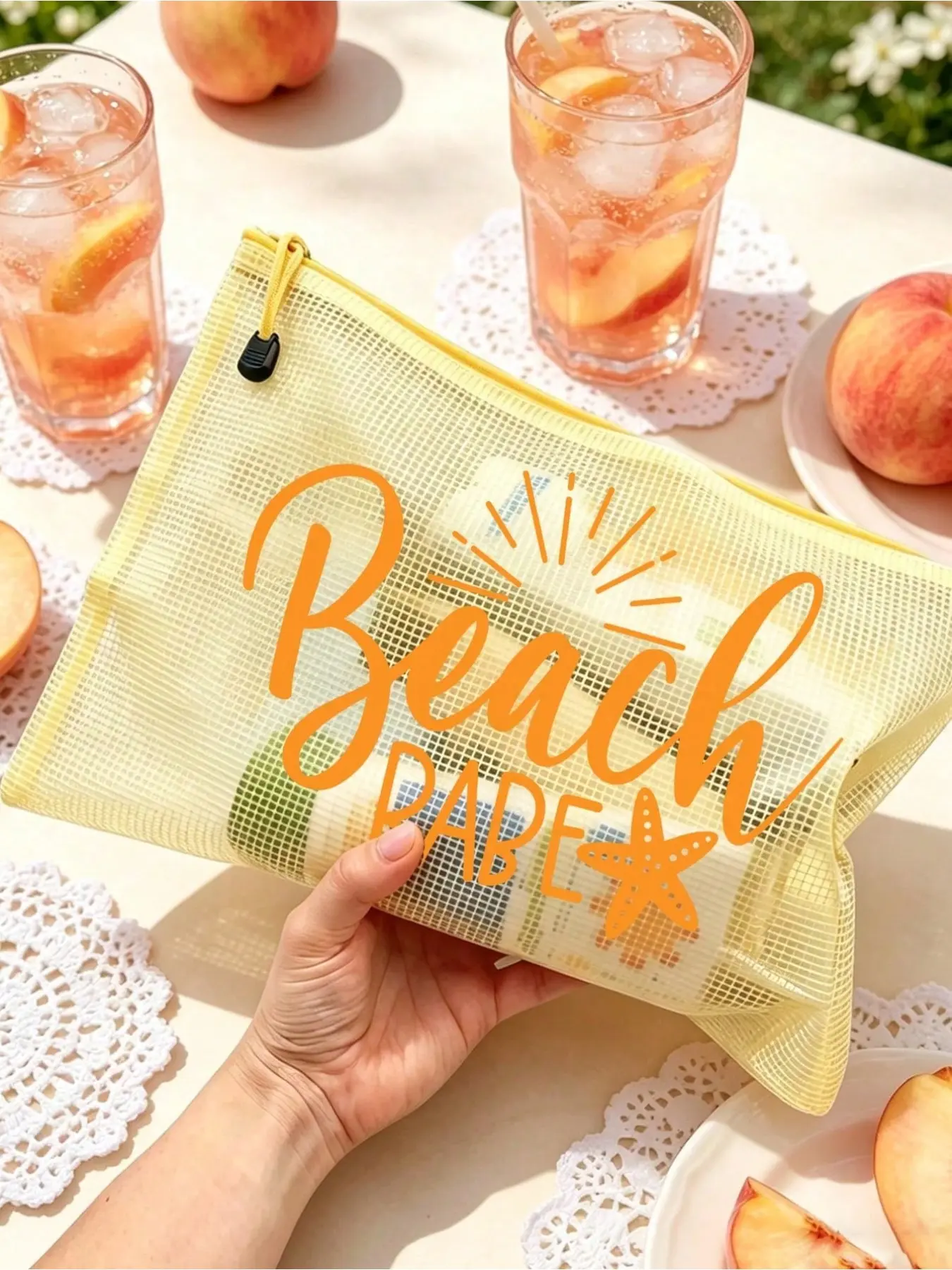 Multi-Color Stylish Mesh Waterproof Swim Bag & Cosmetic Pouch, Colorful Starfish "Beach" Print Beach Tote, Beach Themed Wet-Dry Separation Bag, Spring & Summer Storage Organizer, Large Capacity Clear Makeup Bag with Nylon Zipper for Toiletries