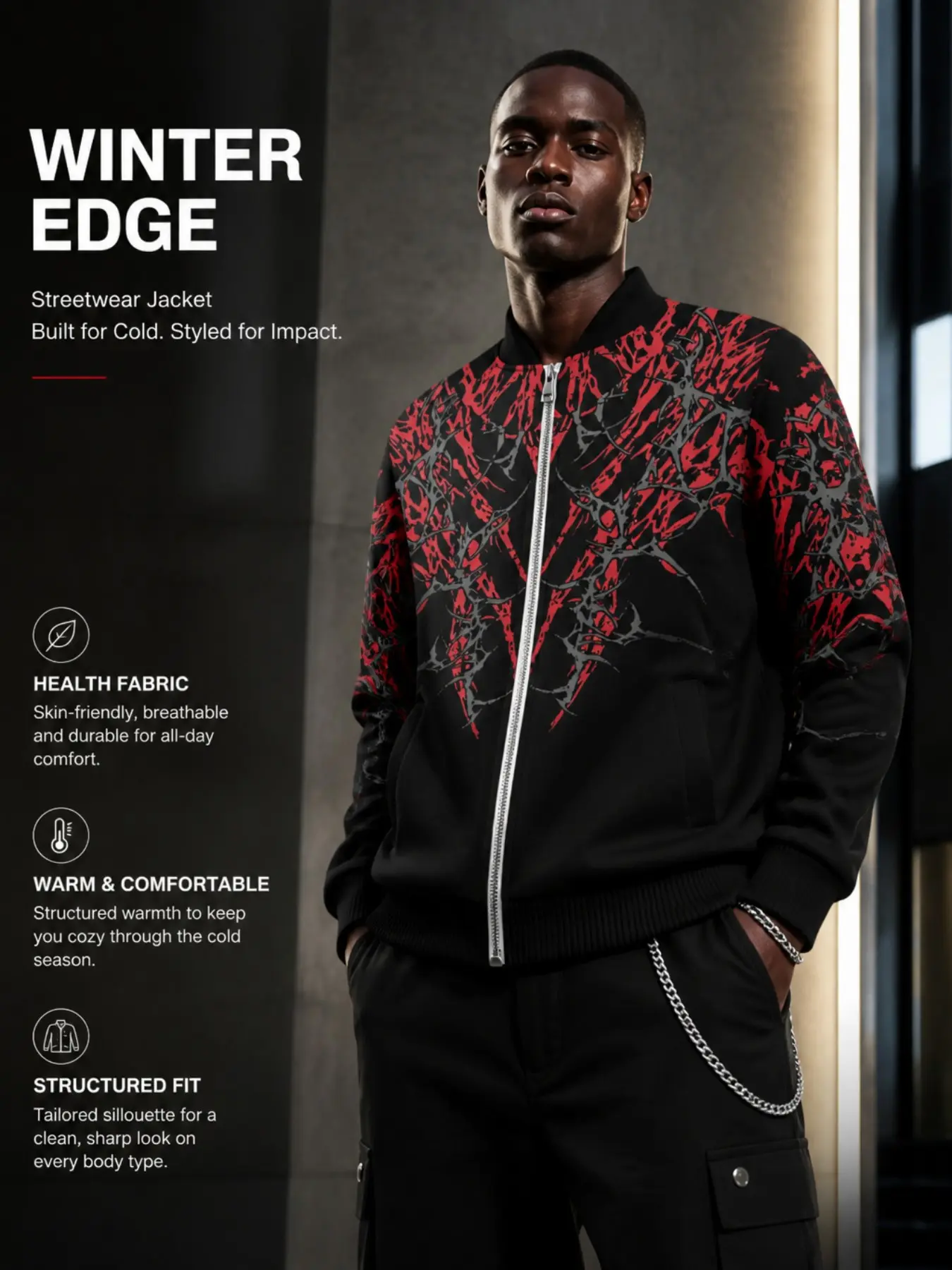 Men's Gothic Thorns Full Zip Bomber Jacket, Abstract Print Baseball Collar Windproof Jacket, Vintage Dark Streetwear Fall Winter Outerwear