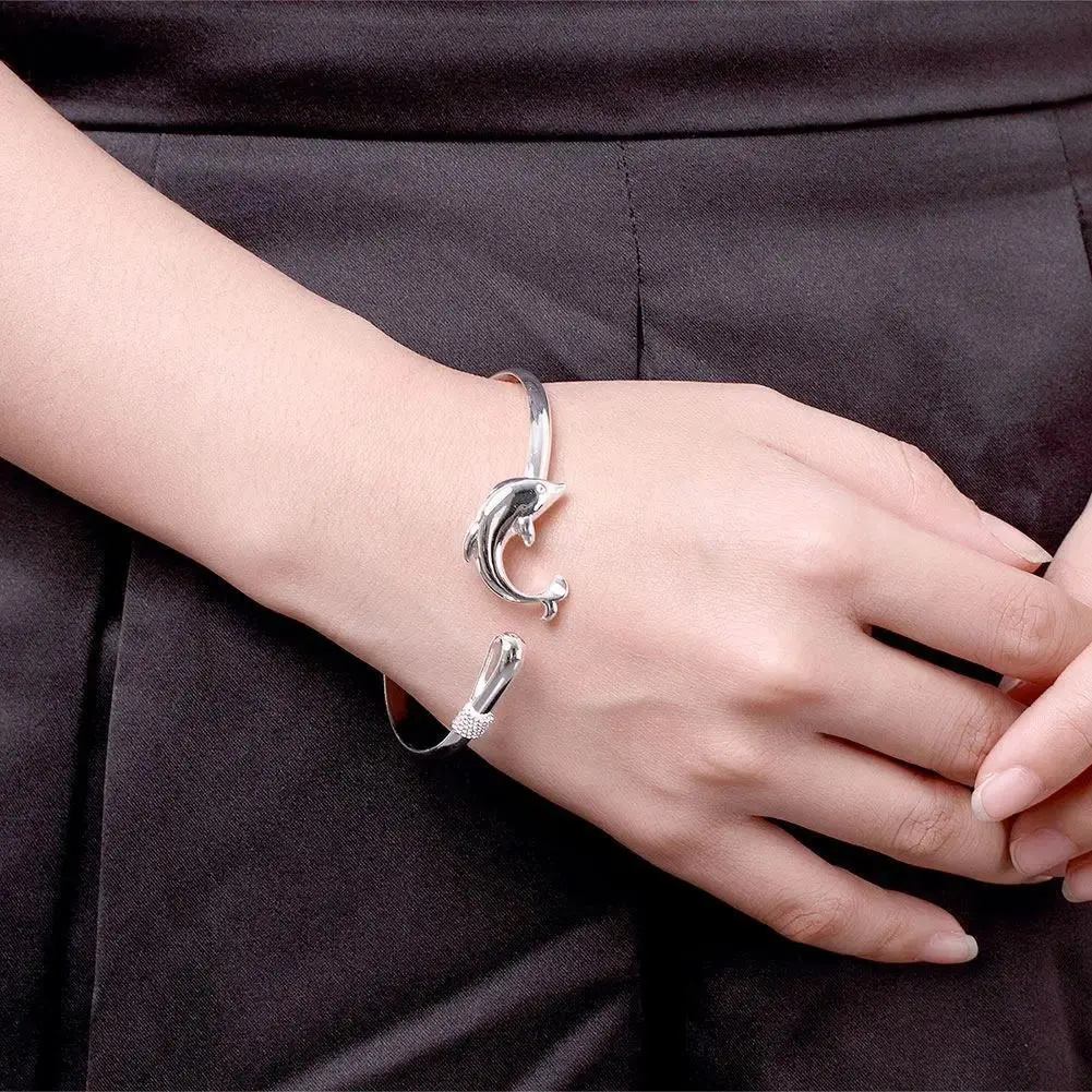Women's Silver Dolphin Charm Bangle - Youth-Focused Simple Metal-Coated Unisex Costume Jewelry Bracelet, Daily Fashion Accessory for Versatile Seasons, Dolphin Design