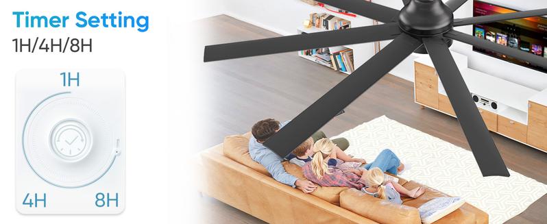 Large Ceiling Fans with Lights and Remote/APP Control, Indoor Outdoor Black Ceiling Fan for Kitchen, Living Room, Patio, 6 Speeds Reversible Quiet DC Motor, 8 Blades