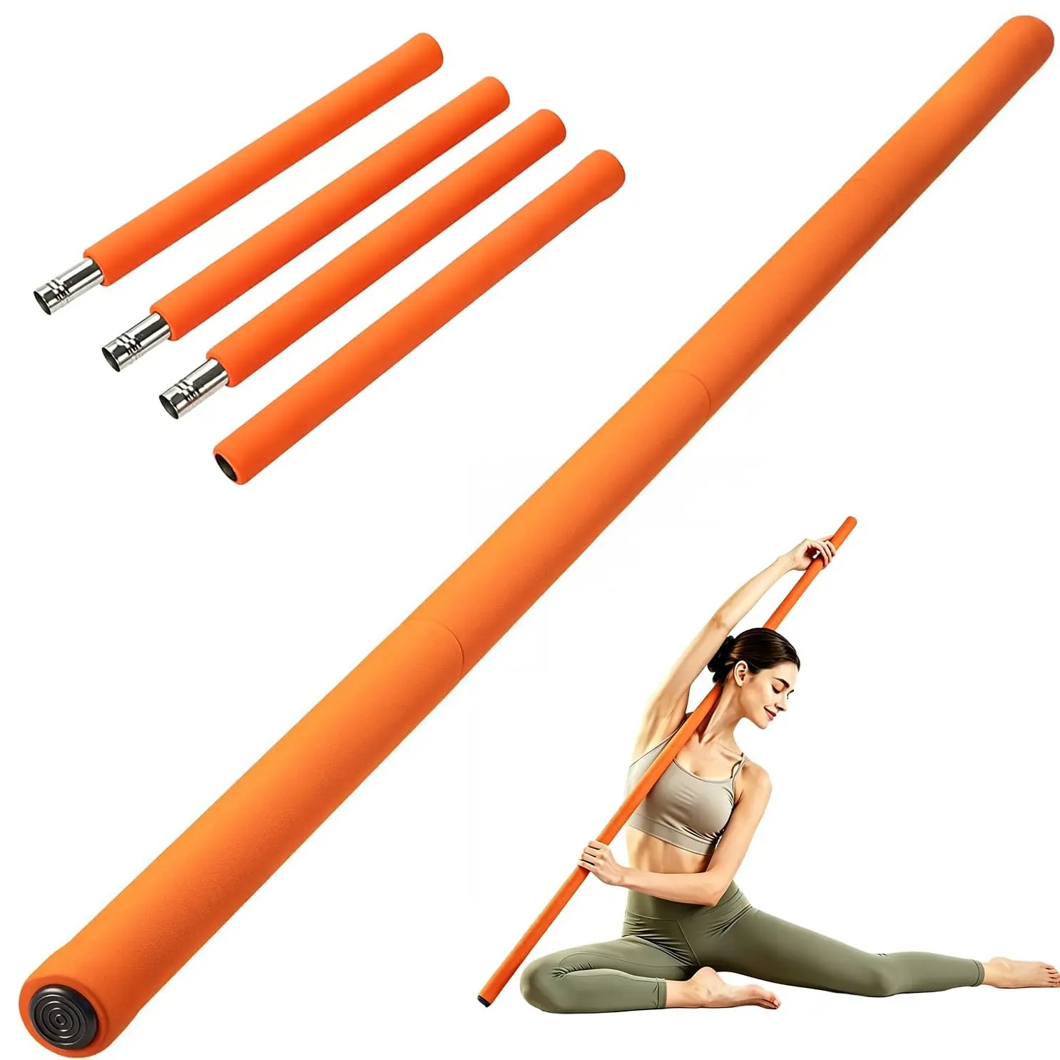 Detachable orange 4-section yoga stick, upgraded 59-inch yoga bar, length-adjustable yoga stick, shoulder-opening stretch aid training rod, threaded stable alloy steel fitness equipment, for stretching, workouts, posture correction, and exercise.
