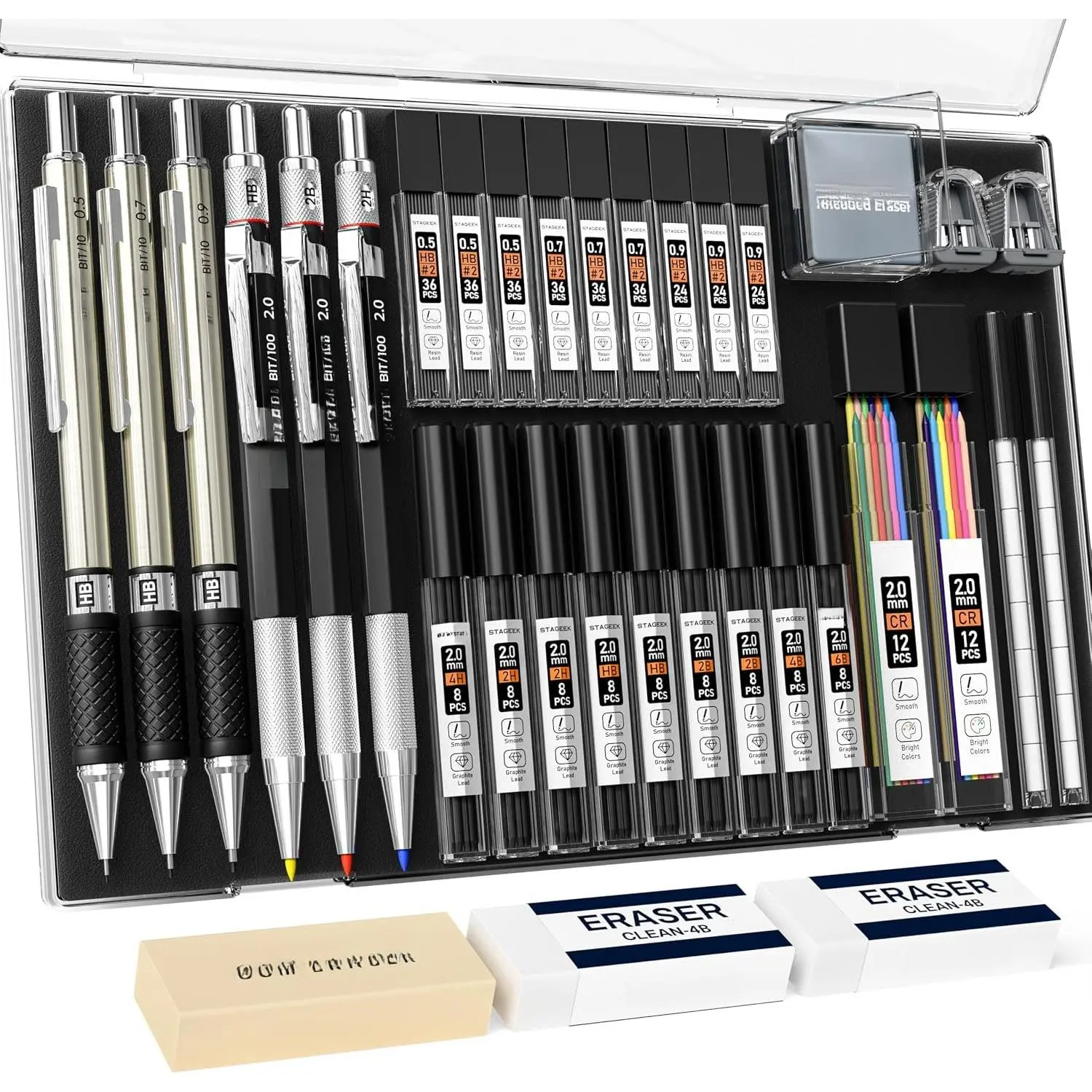 Mechanical Pencil Set with Case 34 Count, Drawing Pencils 0.5, 0.7, 0.9MM & 3 count 2MM Sketching Pencils with 384 count Lead Refills (6B 4B 2B HB 2H 4H Color) for Artist Drafting Drawing Writing