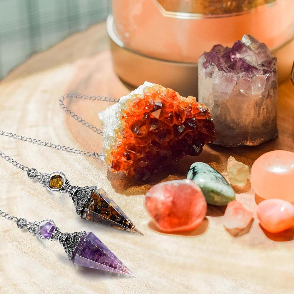 Natural Crystal Dowsing Pendulum Reiki Stone Chips Orgone Pendulums Hexagonal Pointed Reisin Spiritual Pendulo for Divination