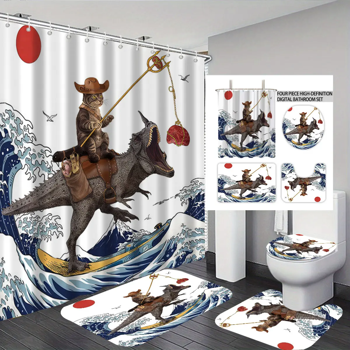 A four-piece digital-printed cat-themed bathroom set featuring dinosaur riding and surfing waves, including a shower curtain, bathroom floor mat, U-shaped cushion, and toilet seat cover. Suitable for bathroom decoration