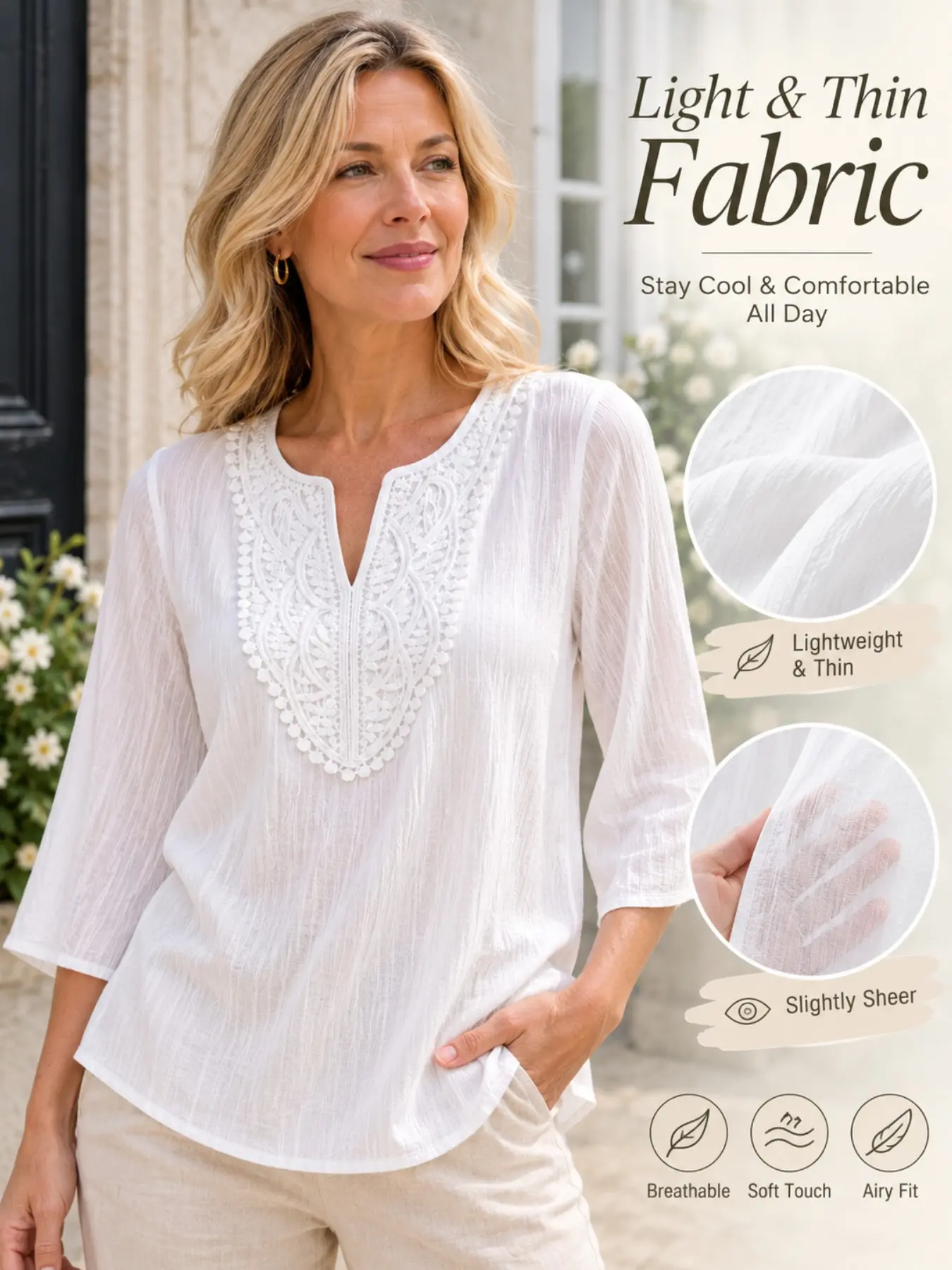 Textured Mid-Sleeve Top, Elegant Hollow Embroidery V-Neck Shirt, Loose Fit Slimming Vacation Style, Versatile Women's Blouse, Fabric