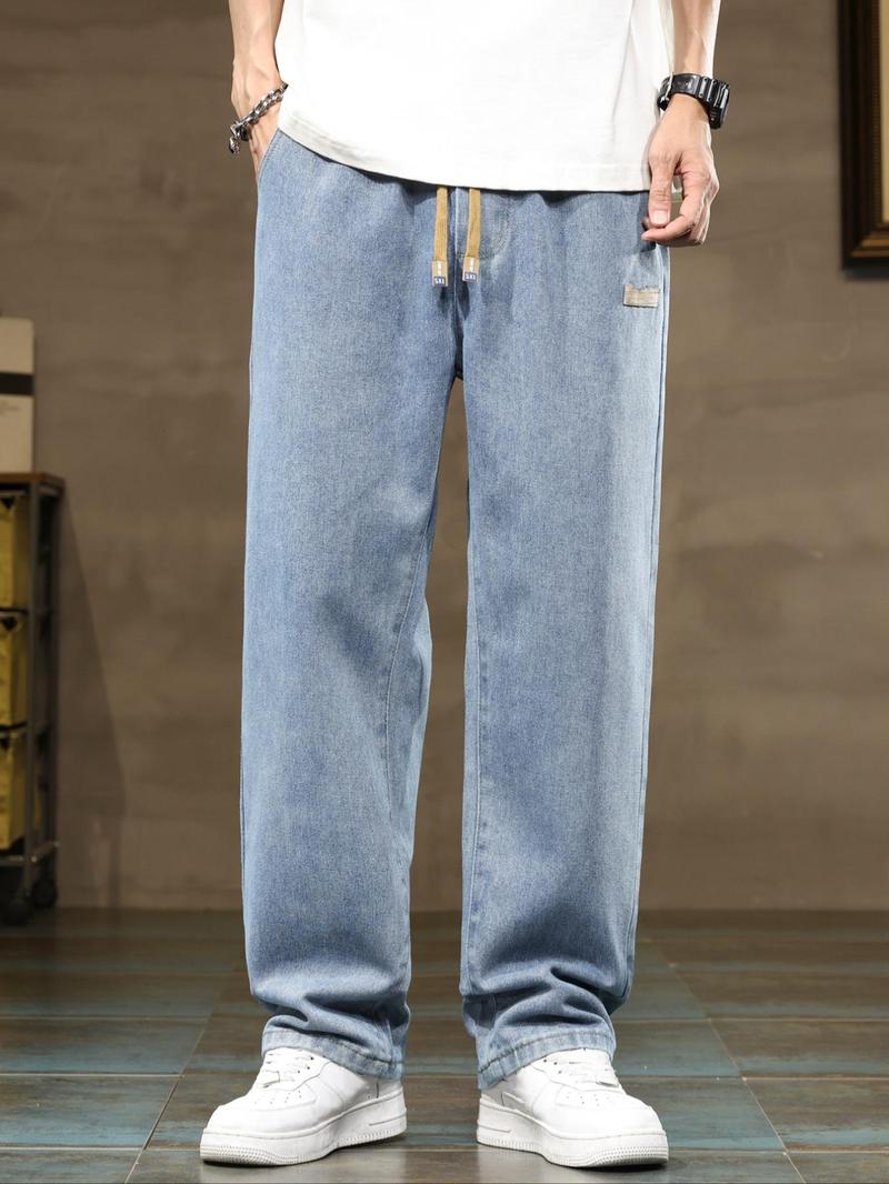 Men's drawstring elastic waist straight-leg jeans, solid color, casual and versatile non-stretchy denim pants, loose straight-leg fit, suitable for wearing in all seasons