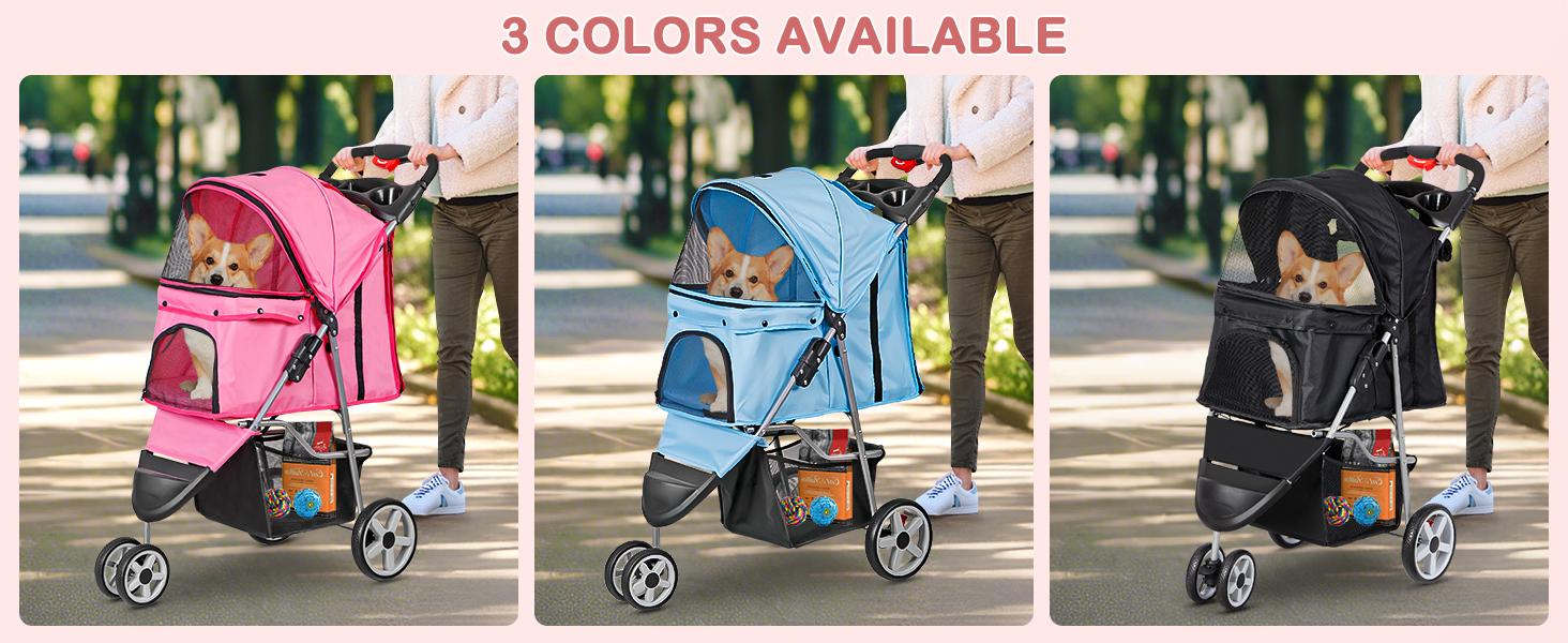 Foldable Pet Stroller for Cats and Dogs 3 Wheels Carrier Strolling Cart with Weather Cover, Storage Basket + Cup Holder (Pink)