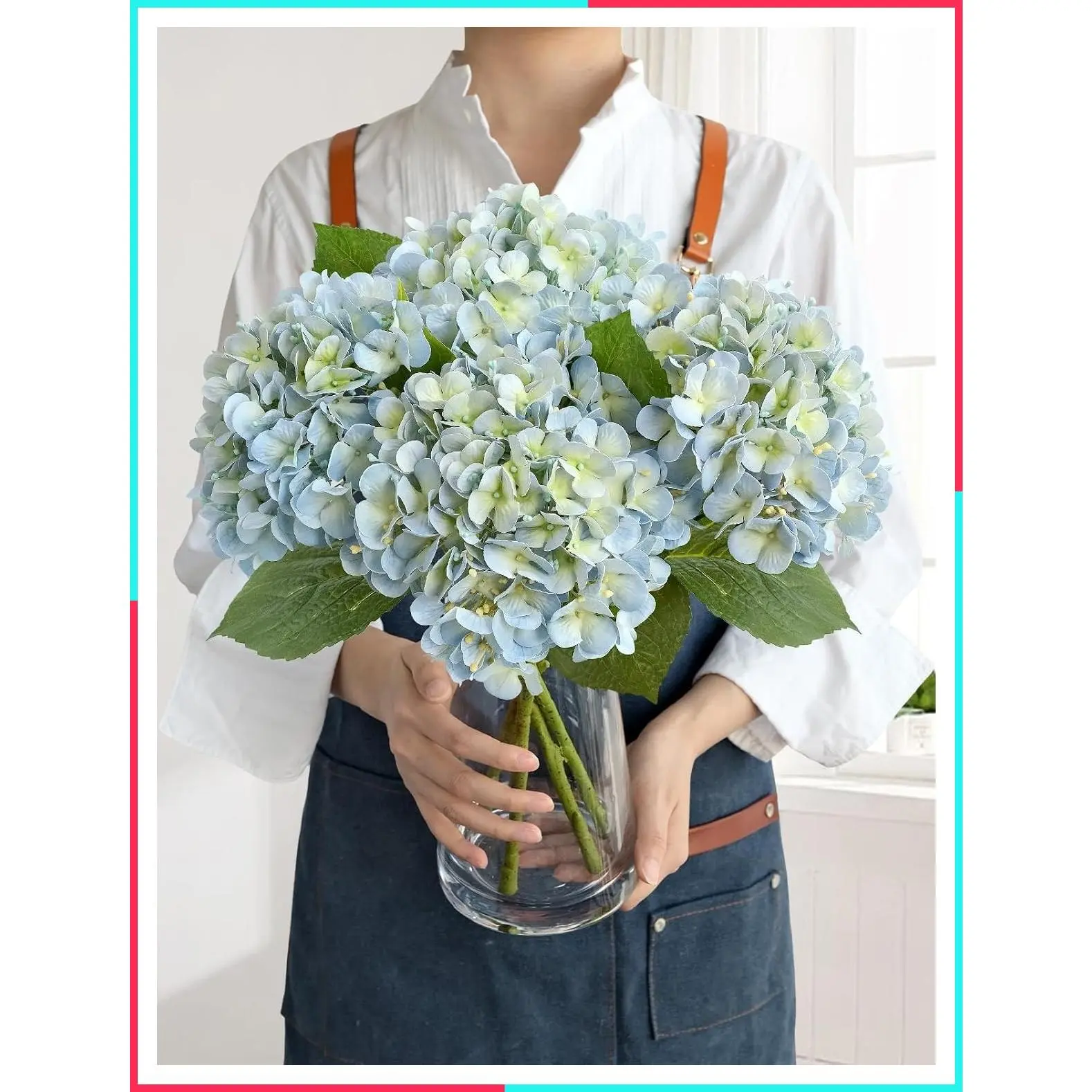 Light Blue Hydrangea Artificial Flowers, 4 Pcs 20" Real Touch Lifelike Silk Hydrangeas, Full Fake Flowers for Bouquet Table Centerpieces Spring Wedding Indoor Home Decor