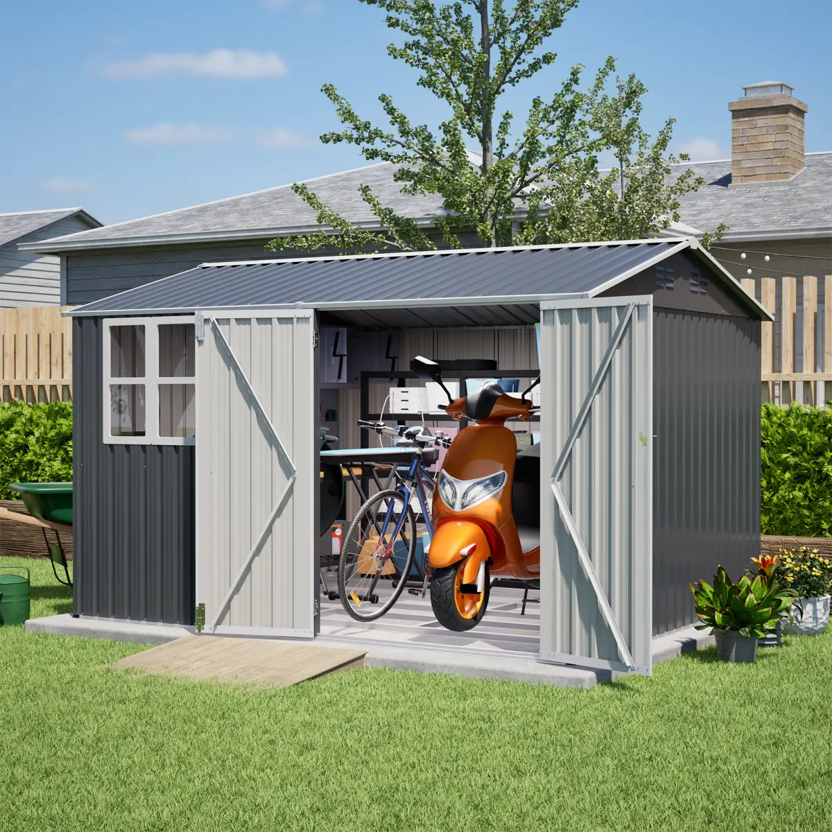10x8 FT Metal Outdoor Storage Shed with Window & Lockable Door – Weatherproof Reinforced Tool Shed, Spacious Utility Storage for Garden Tools, Bikes, Patio Furniture, and Backyard Organization, Gray