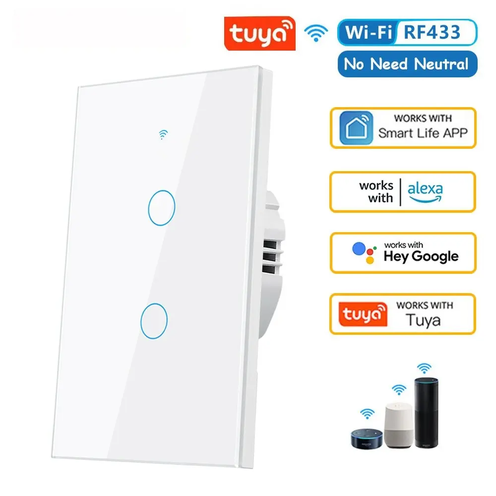WiFi Rf433 Smart Touch Light Switch, No Neutral Wire, / 2 Gang, Easy Installation, Modern Design, Energy Efficient Lighting Control