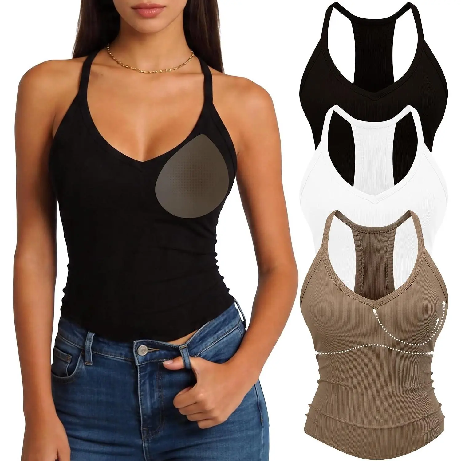 3 Pack Women's Ribbed Racerback Tank Tops with Built in Bras, V Neck Padded Sleeveless Fitted Cami Shirts