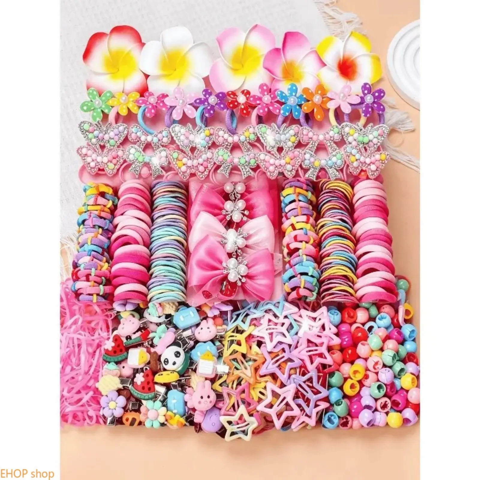 546Pcs Polyester Plain Cartoon Girls Hair Accessory Set - Colorful Flower Clips, Elastic Ties, Cute Head Decor for School Hairstyling, Birthday Gift, Hair Clips