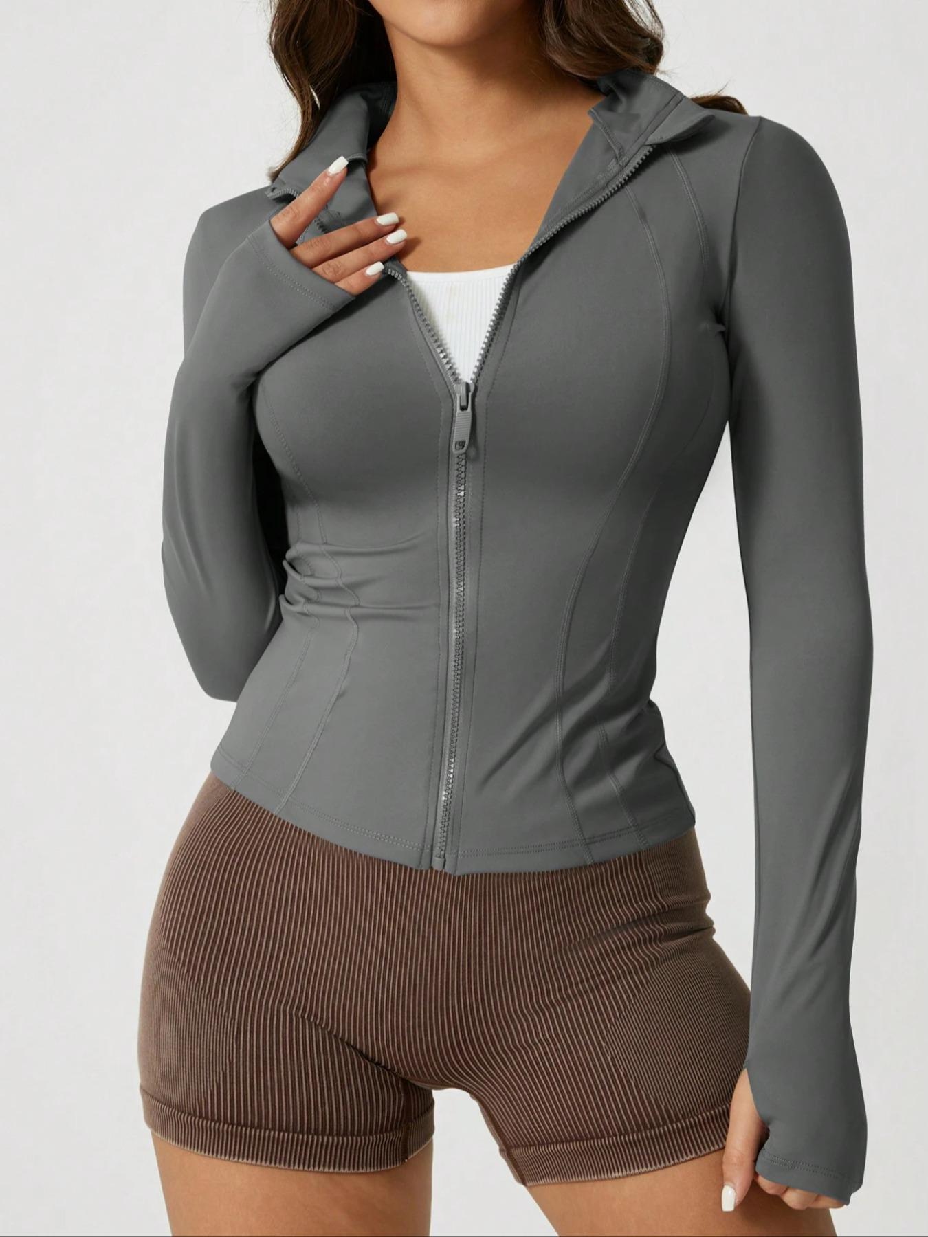 Women's Solid Zip Up Sports Jacket, Lightweight Sports Jacket, Sporty Thumb Hole Long Sleeve Outerwear for Gym Workout Running, Ladies Sportswear for All Seasons, Modern and Comfortable