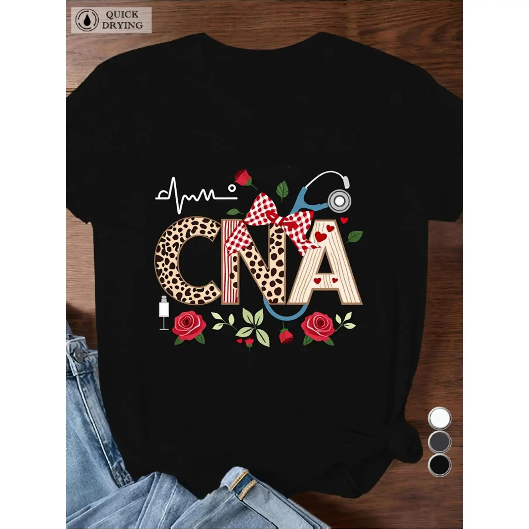 Women's Fashion Short-Sleeve T-Shirt - Themed CNA Nursing Assistant Top with Stethoscope Healthcare Graphic, Round Neck, Machine Washable, Spring Summer Daily Wear Sport Top, Shortsleeve, Tshirt