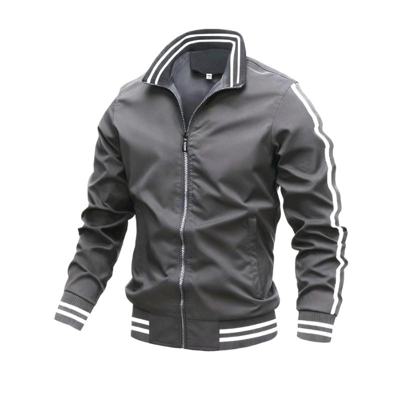 Men's Sporty Zip-Up Jacket with Stand Collar Stripe Accents Full-Zip Woven Shell Practical Side Pockets Ribbed Cuffs Hem
