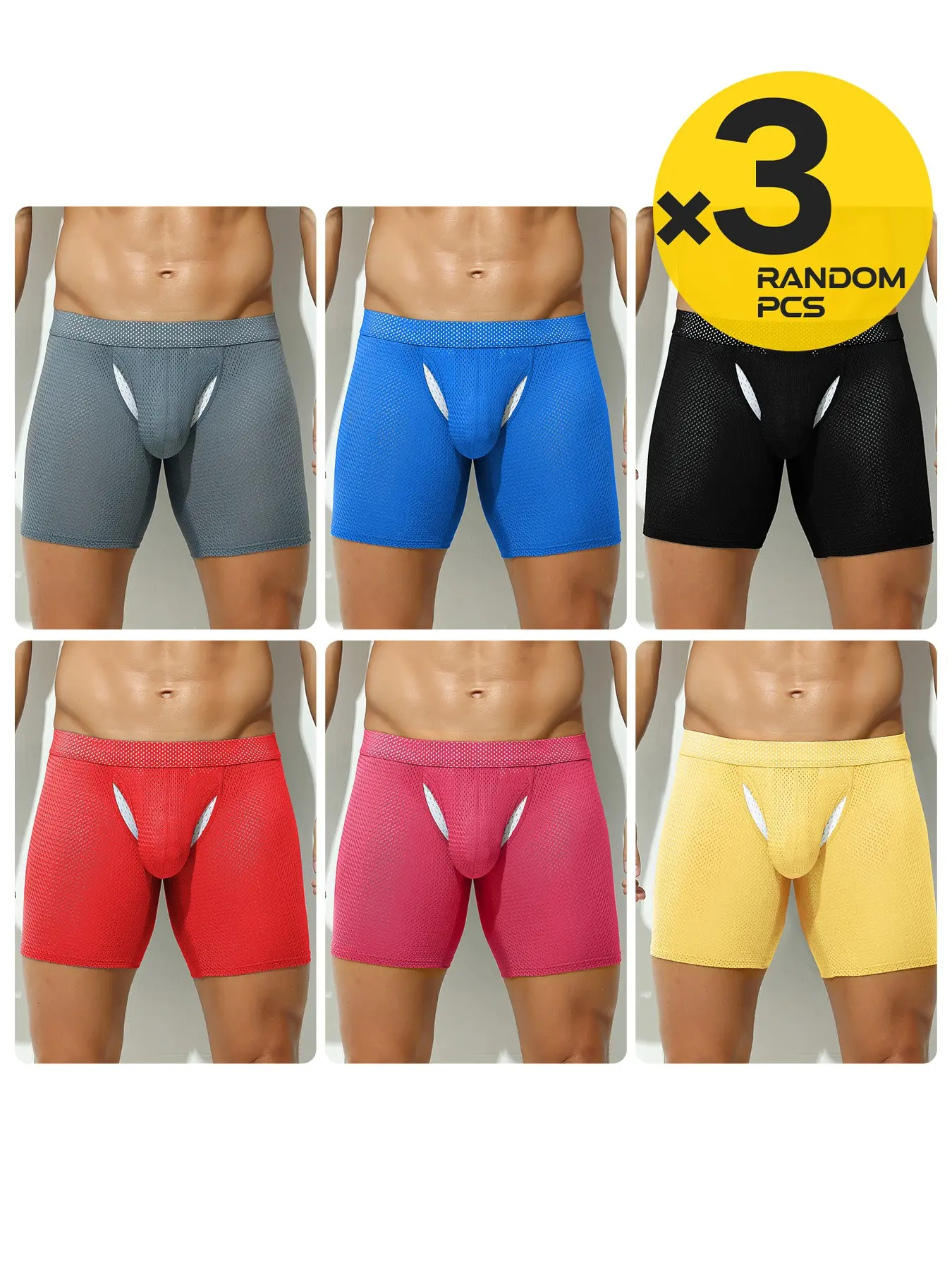 2/3/4Pcs Random Solid Men Long Boxers, Breathable Boxer Shorts, Dual Side Opening Separate Pouch, Mesh Breathable Underwear for Home & Sports