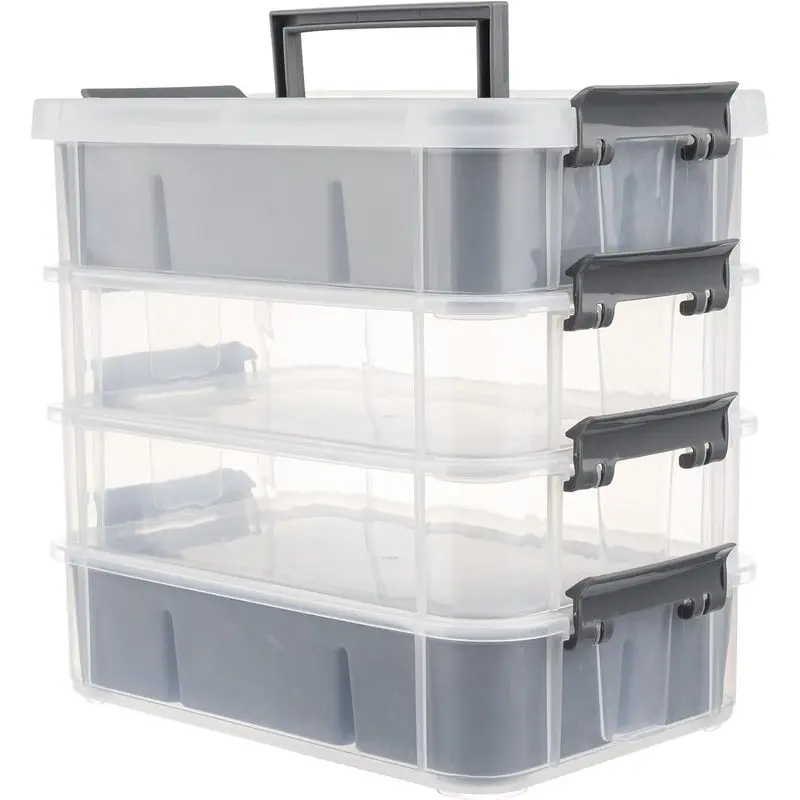 Transparent 4-Tier Rectangle Craft Organizer with 2 Removable Trays, Stackable 10 Qt Plastic Storage Box with Handle for Beads, Sewing Supplies