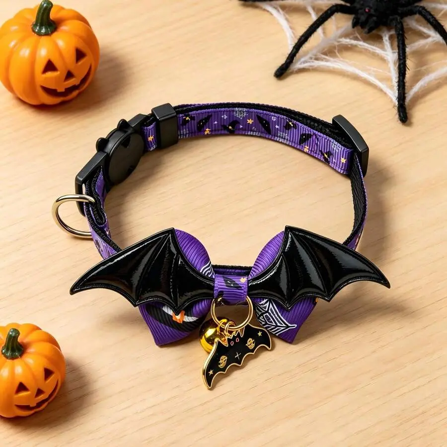 Halloween Bat Wings Bow Pet Collar with Bell - Adjustable Small/Medium Dog Cat Collar, Spooky Look Holiday Theme Party Wear Accessory, Photo Prop Outfit