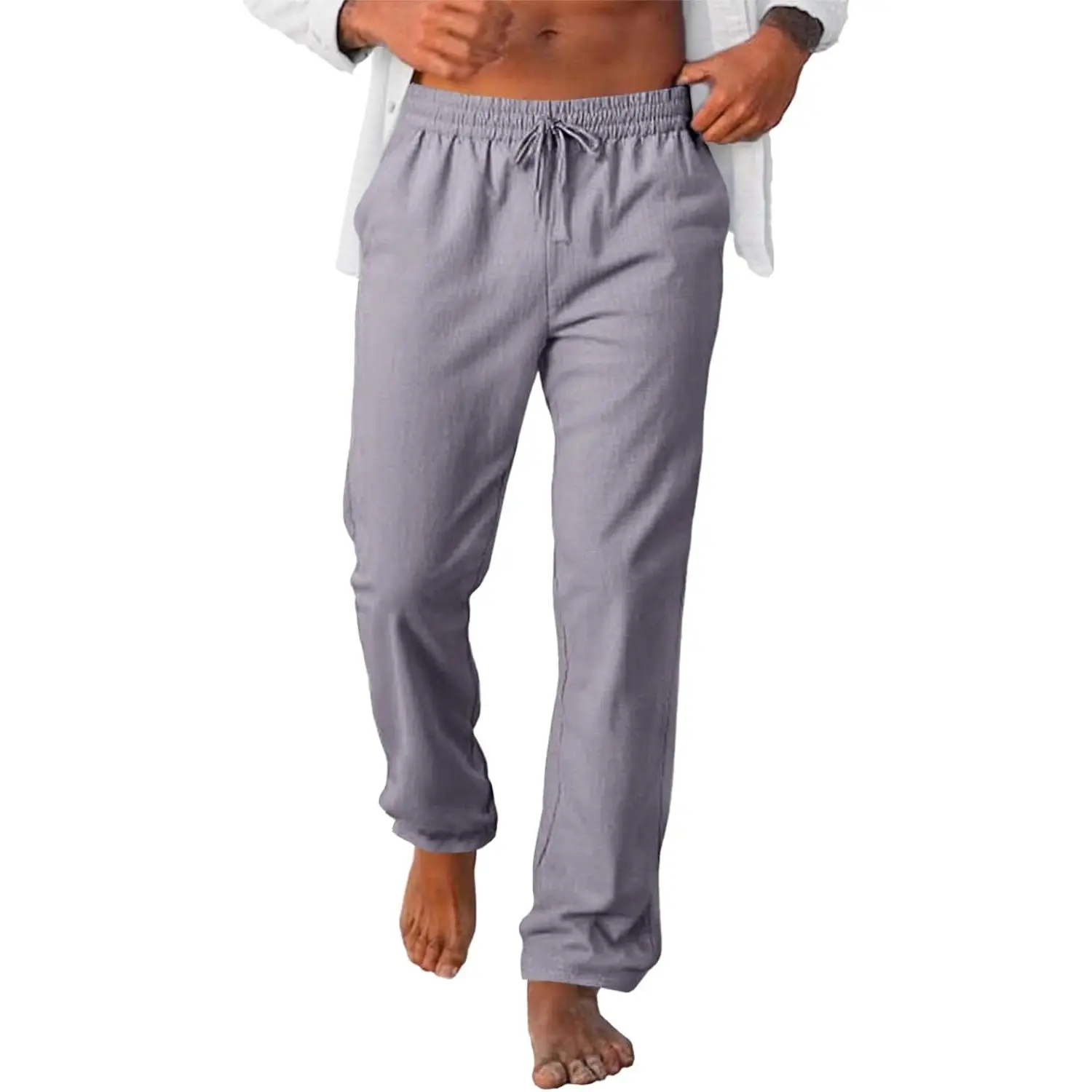 Men's Plain Lightweight Linen Casual Pants - Drawstring Elastic Waist, Loose Fit Straight Leg Trousers for Beach Use, Menswear, Beach Outfits
