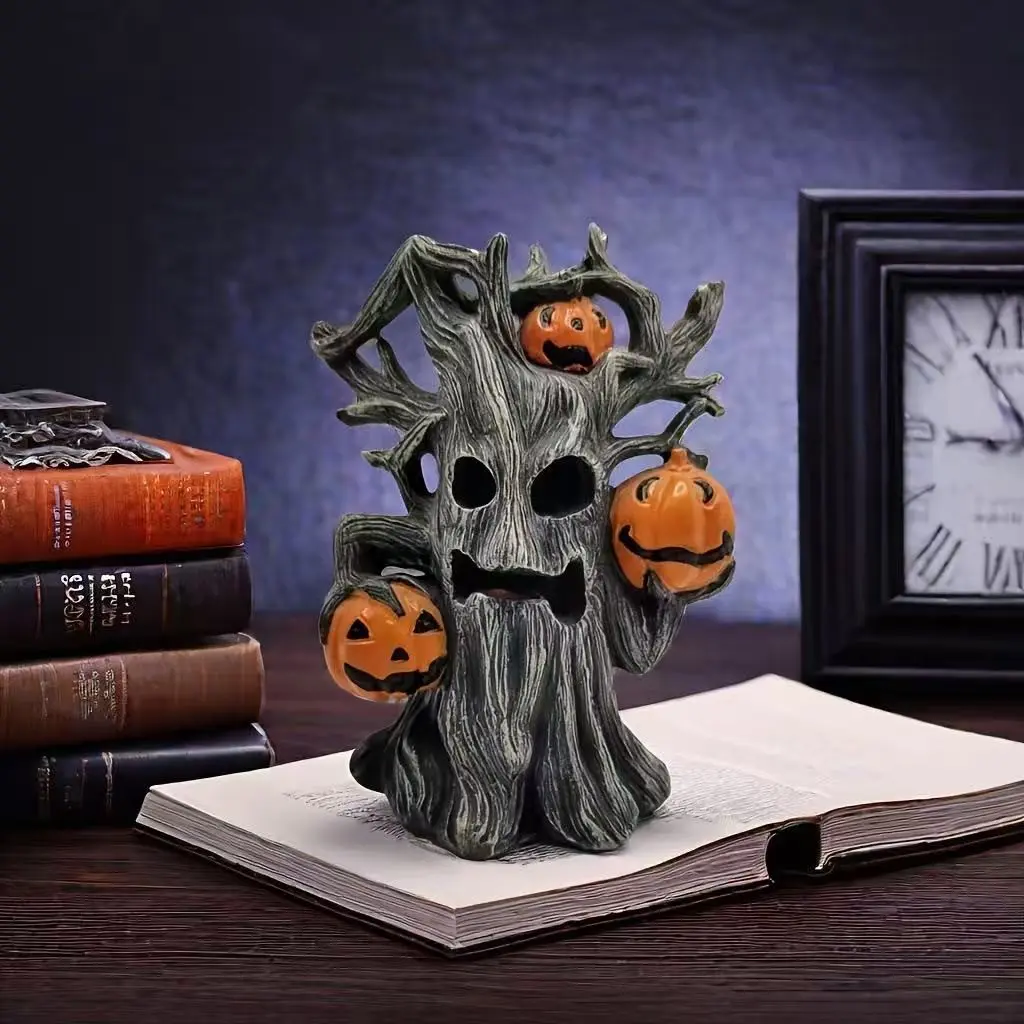 Halloween Tree Gnome Pumpkin Resin Desktop Ornament, Vintage Wood Grain, Warm Pumpkin, Dark Fun Style, Table Decor, Garden Miniature, Halloween Scene