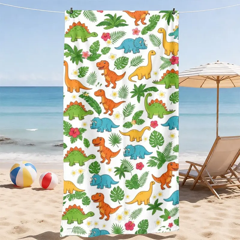 Cartoon Dinosaur Beach Towel, Colorful Tropical Jungle Print, Absorbent with Fun Family Vacation Style, Suitable for Beach, Pool and Travel, Gift for Kids