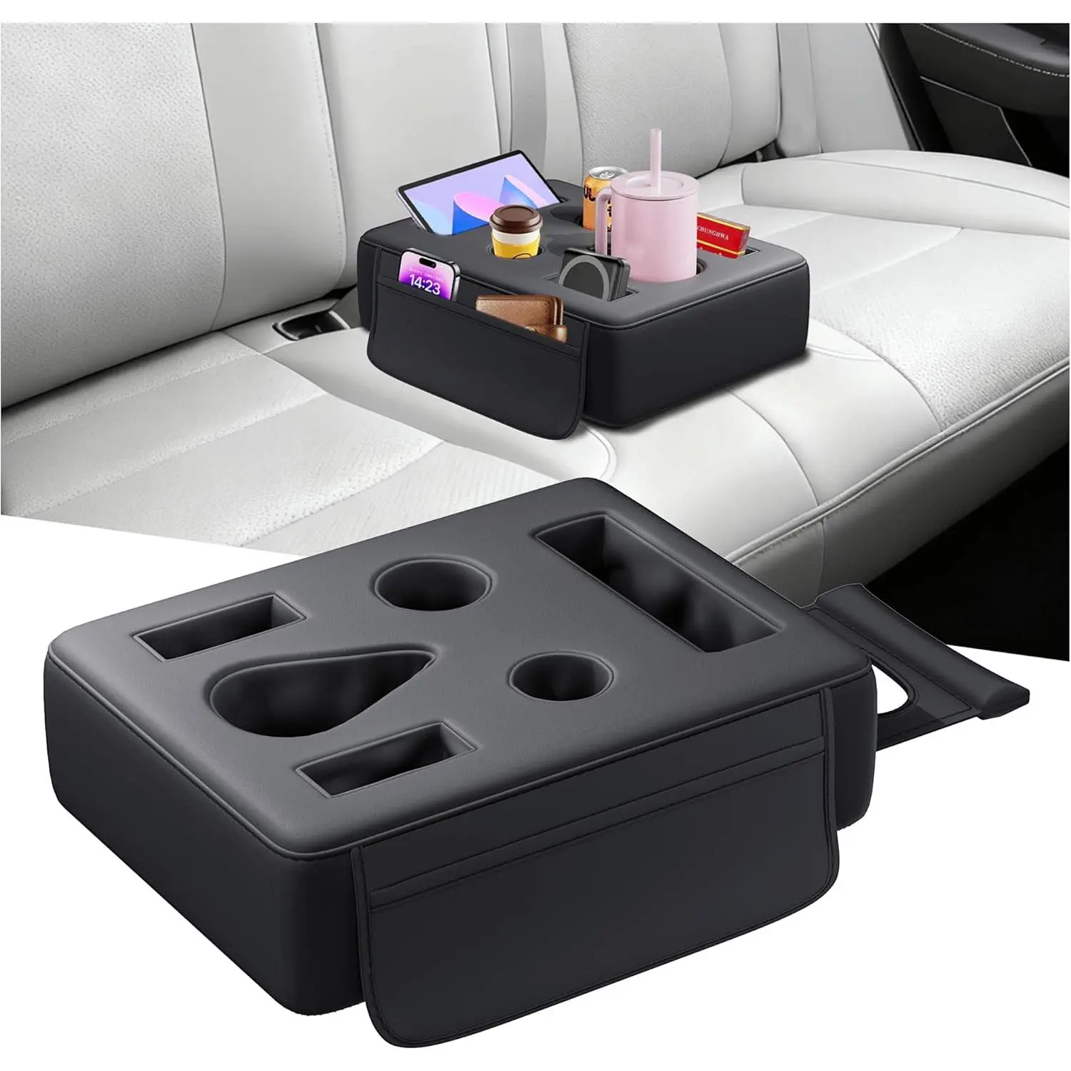 2026 Upgraded Car Cup Holder, 8 in 1 Back Seat Cup Holder for Car, PU Leather Backseat Organizer Car Cupholder Expander Tray for Trucks SUVs RVs Center Console Couch, Holds Drinks Food Phone