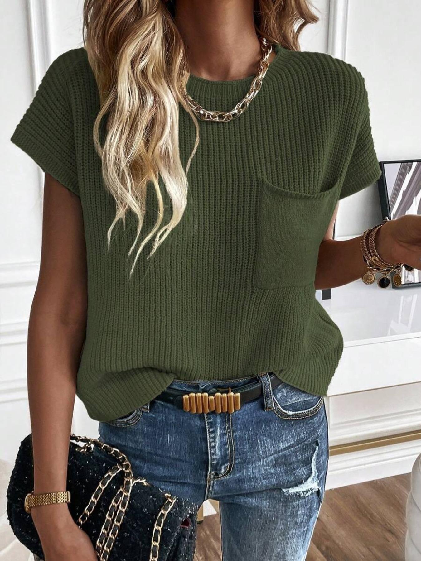 Women's Plain Pocket Round Neck Comfort Knit Top, Fitted Casual Breathable Short Sleeve Womenswear, Crochet Tops for Lady, Summer, Comfort Summer Tops, Summer Clothes, Fashion Women's Knitting Clothing for Everyday Daily Wear, Womenswear
