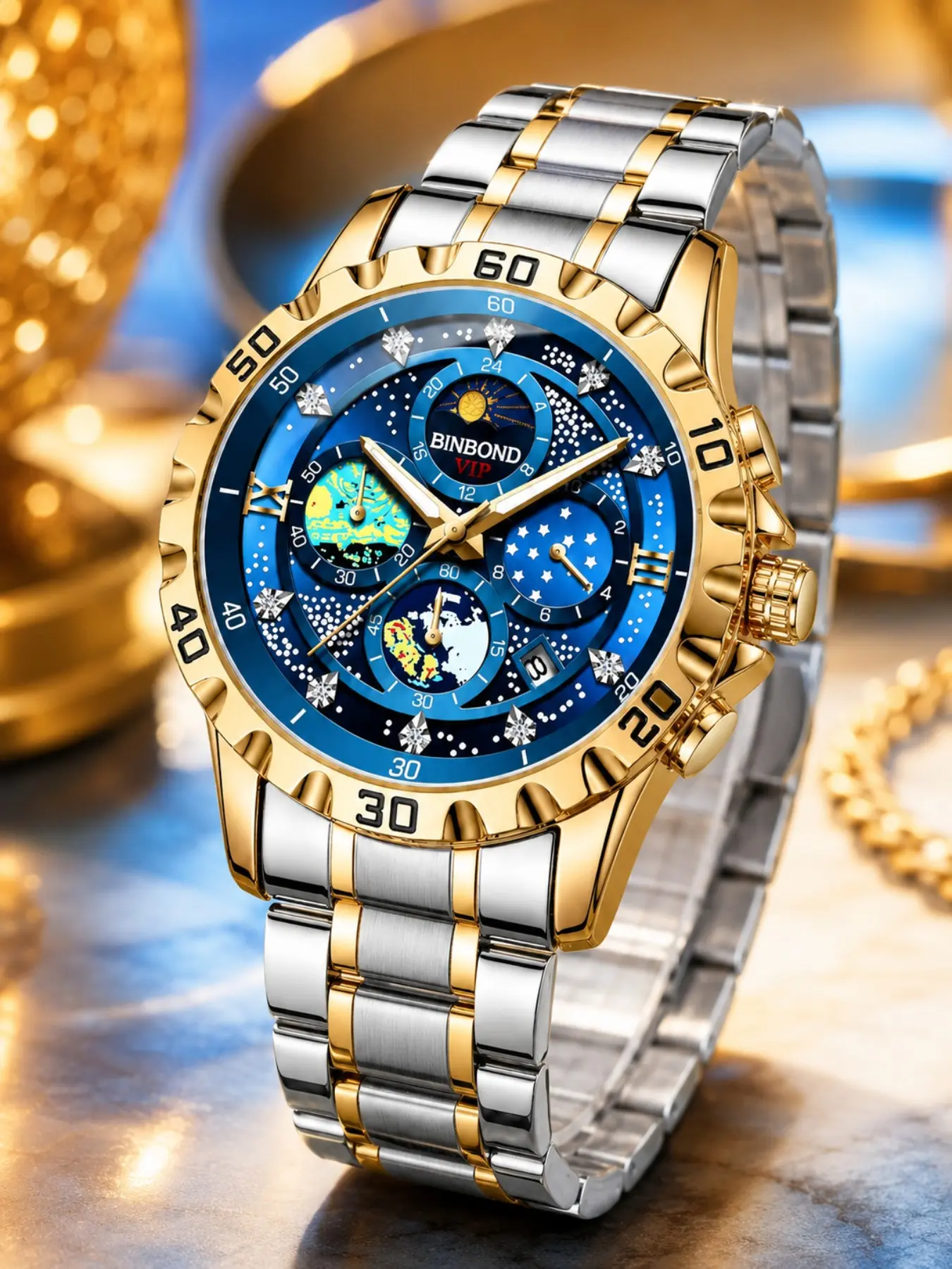 Luxury Men's Watch with Moon Phase Display, Starry Blue Dial, Quartz Movement, Stainless Steel Band, Waterproof, Business & Casual Wear